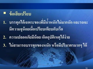 14
 ข้อเสียเปรียบ
1. บรรทุกได้เฉพาะของที่มีน้าหนักไม่มากนัก และรถจะ
มีความจุน้อยเมื่อเปรียบเทียบกับเรือ
2. ความปลอดภัยมีน้อย เกิดอุบัติเหตุได้ง่าย
3. ไม่สามารถบรรทุกของหนัก หรือมีปริมาตรมากๆ ได้
 