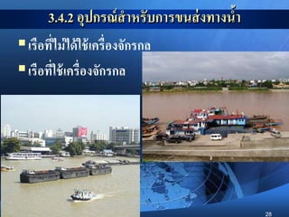 28
3.4.2 อุปกรณ์สาหรับการขนส่งทางน้า
เรือที่ไม่ได้ใช้เครื่องจักรกล
เรือที่ใช้เครื่องจักรกล
 