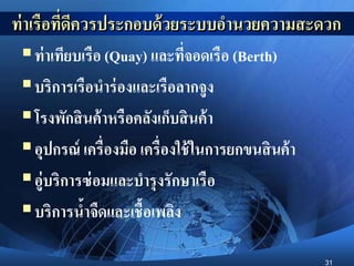 31
ท่าเรือที่ดีควรประกอบด้วยระบบอานวยความสะดวก
ท่าเทียบเรือ (Quay) และที่จอดเรือ (Berth)
บริการเรือนาร่องและเรือลากจูง
โรงพักสินค้าหรือคลังเก็บสินค้า
อุปกรณ์ เครื่องมือ เครื่องใช้ในการยกขนสินค้า
อู่บริการซ่อมและบารุงรักษาเรือ
บริการน้าจืดและเชื้อเพลิง
 
