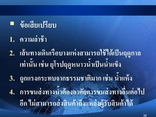38
 ข้อเสียเปรียบ
1. ความล่าช้า
2. เส้นทางเดินเรือบางแห่งสามารถใช้ได้เป็นฤดูกาล
เท่านั้น เช่น ยุโรปฤดูหนาวน้าเป็นน้าแข็ง
3. ถูกแรงกระทบจากธรรมชาติมาก เช่น น้าแห้ง
4. การขนส่งทางน้าต้องอาศัยการขนส่งทางอื่นต่อไป
อีก ไม่สามารถส่งสินค้าถึงแหล่งผู้รับสินค้าได้
 