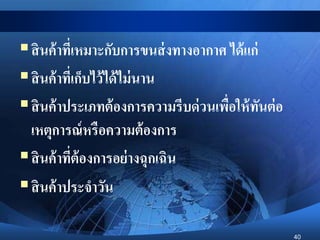 40
สินค้าที่เหมาะกับการขนส่งทางอากาศ ได้แก่
สินค้าที่เก็บไว้ได้ไม่นาน
สินค้าประเภทต้องการความรีบด่วนเพื่อให้ทันต่อ
เหตุการณ์หรือความต้องการ
สินค้าที่ต้องการอย่างฉุกเฉิน
สินค้าประจาวัน
 