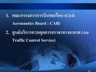 54
1. คณะกรรมการการบินพลเรือน (Civil
Aeronautics Board : CAB)
2. ศูนย์บริการควบคุมการจราจรทางอากาศ (Air
Traffic Control Service)
 