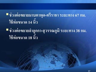 57
ช่วงต่อขยายมาบตาพุด-ศรีราชา ระยะทาง 67 กม.
ใช้ท่อขนาด 14 นิ้ว
ช่วงต่อขยายลาลูกกา-สุวรรณภูมิ ระยะทาง 38 กม.
ใช้ท่อขนาด 18 นิ้ว
 