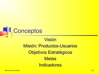 Edmundo Perroni Rocha 21
Conceptos
Visión
Misión: Productos-Usuarios
Objetivos Estratégicos
Metas
Indicadores
 