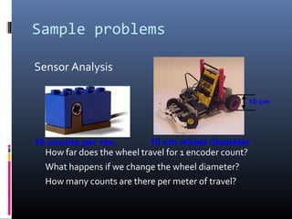 Sample problems
Sensor Analysis
How far does the wheel travel for 1 encoder count?
What happens if we change the wheel diameter?
How many counts are there per meter of travel?
16 counts per rev. 10 cm wheel diameter
10 cm
 
