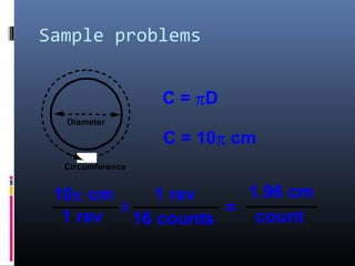Sample problems
Diameter
Circumference
C = πD
C = 10π cm
10π cm
1 rev
=
1 rev
16 counts
x
1.96 cm
count
 