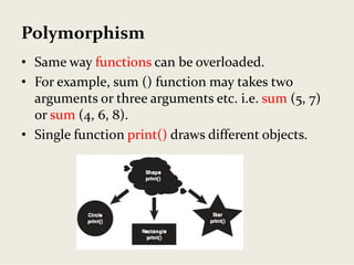 Polymorphism
• Same way functions can be overloaded. 
• For example, sum () function may takes two 
arguments or three arguments etc. i.e. sum (5, 7) 
or sum (4, 6, 8).
• Single function print() draws different objects.
 