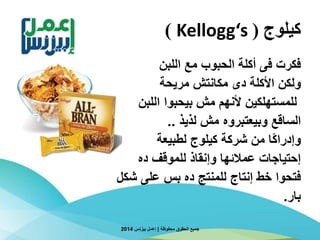 ‫كيلوج‬(Kellogg‘s)
‫اللبن‬ ‫مع‬ ‫الحبوب‬ ‫أكلة‬ ‫فى‬ ‫فكرت‬
‫مريحة‬ ‫مكانتش‬ ‫دى‬ ‫األكلة‬ ‫ولكن‬
‫اللبن‬ ‫بيحبوا‬ ‫مش‬ ‫ألنهم‬ ‫للمستهلكين‬
‫لذيذ‬ ‫مش‬ ‫وبيعتبروه‬ ‫الساقع‬..
‫لطبيعة‬ ‫كيلوج‬ ‫شركة‬ ‫من‬ ‫اا‬‫ك‬‫وإدرا‬
‫ده‬ ‫للموقف‬ ‫وإنقاذ‬ ‫عمالئها‬ ‫إحتياجات‬
‫شكل‬ ‫على‬ ‫بس‬ ‫ده‬ ‫للمنتج‬ ‫إنتاج‬ ‫خط‬ ‫فتحوا‬
‫بار‬.
‫محفوظة‬ ‫الحقوق‬ ‫جميع‬|‫بيزنس‬ ‫إعمل‬2014
 