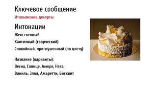 Ключевое сообщение
Итальянские десерты
Интонации
Женственный
Хаотичный (творческий)
Спокойный, приглушенный (по цвету)
Название (варианты):
Весна, Солнце, Аморе, Нега,
Ваниль, Элла, Амаретти, Бисквит
 