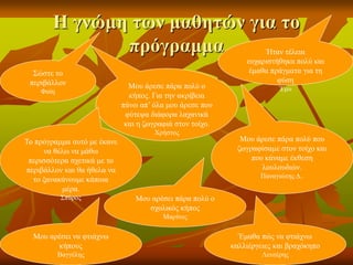 Η γνώμη των μαθητών για το
πρόγραμμα
Μου άρεσε πάρα πολύ ο
κήπος. Για την ακρίβεια
πάνω απ’ όλα μου άρεσε που
φύτεψα διάφορα λαχανικά
και η ζωγραφιά στον τοίχο.
Χρήστος
Το πρόγραμμα αυτό με έκανε
να θέλω να μάθω
περισσότερα σχετικά με το
περιβάλλον και θα ήθελα να
το ξανακάνουμε κάποια
μέρα.
Σπύρος
Μου άρεσε πάρα πολύ που
ζωγραφίσαμε στον τοίχο και
που κάναμε έκθεση
λουλουδιών.
Παναγιώτης Δ..
Μου αρέσει πάρα πολύ ο
σχολικός κήπος
Μαρίνος
Έμαθα πώς να φτιάχνω
καλλιέργειες και βραχόκηπο
Λευτέρης
Μου αρέσει να φτιάχνω
κήπους
Βαγγέλης
Ήταν τέλεια
ευχαριστήθηκα πολύ και
έμαθα πράγματα για τη
φύση
Έμυ
Σώστε το
περιβάλλον
Φαίη
 