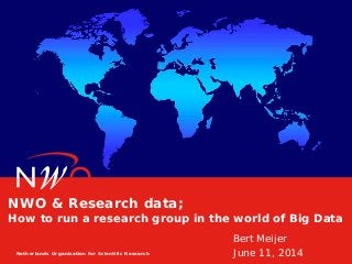 Netherlands Organisation for Scientific Research
Bert Meijer
June 11, 2014
NWO & Research data;
How to run a research group in the world of Big Data
 