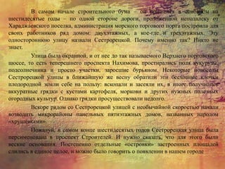 В самом начале строительного бума – он пришелся в основном на
шестидесятые годы – по одной стороне дороги, проложенной неподалеку от
Хараджаевского поселка, администрация морского торгового порта построила для
своих работников ряд домом: двухэтажных, а кое-где и трехэтажных. Эту
одностороннюю улицу назвали Сестрорецкой. Почему именно так? Никто не
знает.
Улица была окраиной, и от нее до так называемого Верхнего портовского
шоссе, то есть теперешнего проспекта Нахимова, простирались поля кукурузы,
подсолнечника и просто участки, заросшие бурьяном. Некоторые новоселы
Сестрорецкой улицы в ближайшую же весну обратили эти бесхозные клочки
плодородной земли себе на пользу: вскопали и засеяли их, в итоге получились
аккуратные грядки с кустами картофеля, моркови и других нужных полезных
огородных культур. Однако грядки просуществовали недолго.
Вскоре рядом со Сестрорецкой улицей с необычайной скоростью начали
возводить микрорайоны панельных пятиэтажных домов, названных народом
«хрущевками».
Пожалуй, в самом конце шестидесятых годов Сестрорецкая улица была
переименована в проспект Строителей. И нужно сказать, что для этого были
веские основания. Постепенно отдельные «островки» застроенных площадей
слились в единое целое, и можно было говорить о появлении в нашем городе
 