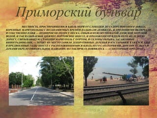 МЕСТНОСТЬ, ПРОСТИРАЮЩУЮСЯ ВДОЛЬ МОРЯ ОТ СЛОБОДКИ ДО СУДОРЕМОНТНОГО ЗАВОДА,
КОРЕННЫЕ МАРИУПОЛЬЦЫ С НЕЗАПАМЯТНЫХ ВРЕМЕН НАЗЫВАЛИ «ПЛЯЖЕМ». В ЭТО ПОНЯТИЕ ВКЛЮЧАЛИ
И СОБСТВЕННО ПЛЯЖ — НЕШИРОКУЮ ПОЛОСУ ПЕСКА, ОМЫВАЕМУЮ МУТНОВАТОЙ АЗОВСКОЙ МОРСКОЙ
ВОДОЙ, И ТАК НАЗЫВАЕМОЕ НИЖНЕЕ ПОРТОВСКОЕ ШОССЕ, И ПРОЛОЖЕННУЮ ВДОЛЬ НЕГО ЖЕЛЕЗНУЮ
ДОРОГУ, СВЯЗЫВАЮЩУЮ СТАНЦИЮ МАРИУПОЛЬ С ПОРТОМ, И СКЛОНЫ ОБРЫВА, ЗАСАЖЕННЫЕ
ВИНОГРАДНИКАМИ, — ПОЗЖЕ ИХ МЕСТО ЗАНЯЛИ ДЕКОРАТИВНЫЕ ДЕРЕВЬЯ И КУСТАРНИКИ. КАЖЕТСЯ, ЕЩЕ
В ПРЕДВОЕННЫЕ ГОДЫ ШОССЕ С РАСПОЛОЖИВШИМИСЯ ВДОЛЬ НЕГО САНАТОРИЯМИ, ДОМАМИ ОТДЫХА И
ДАЧАМИ ОБРЕЛО ОФИЦИАЛЬНОЕ НАЗВАНИЕ; НА ТАБЛИЧКАХ ПОЯВИЛОСЬ — «САНАТОРНЫЙ ПРОСПЕКТ».
Приморский бульвар
 