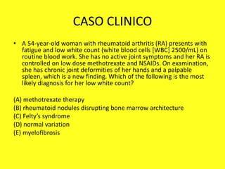 CASO CLINICO
• A 54-year-old woman with rheumatoid arthritis (RA) presents with
fatigue and low white count (white blood cells [WBC] 2500/mL) on
routine blood work. She has no active joint symptoms and her RA is
controlled on low dose methotrexate and NSAIDs. On examination,
she has chronic joint deformities of her hands and a palpable
spleen, which is a new finding. Which of the following is the most
likely diagnosis for her low white count?
(A) methotrexate therapy
(B) rheumatoid nodules disrupting bone marrow architecture
(C) Felty’s syndrome
(D) normal variation
(E) myelofibrosis
 