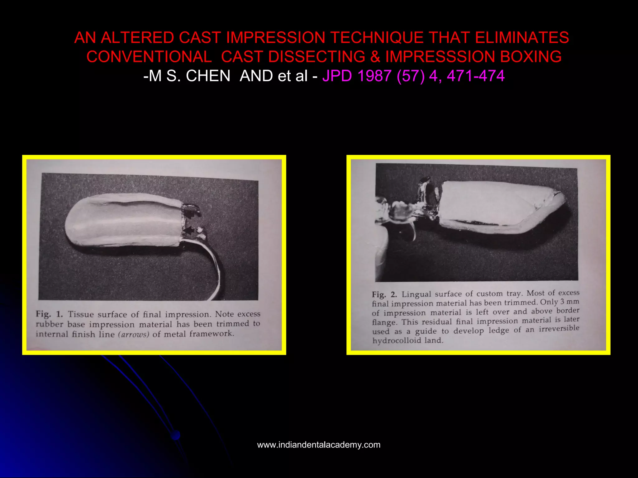 AN ALTERED CAST IMPRESSION TECHNIQUE THAT ELIMINATES
CONVENTIONAL CAST DISSECTING & IMPRESSSION BOXING
-M S. CHEN AND et al - JPD 1987 (57) 4, 471-474
www.indiandentalacademy.comwww.indiandentalacademy.com
 