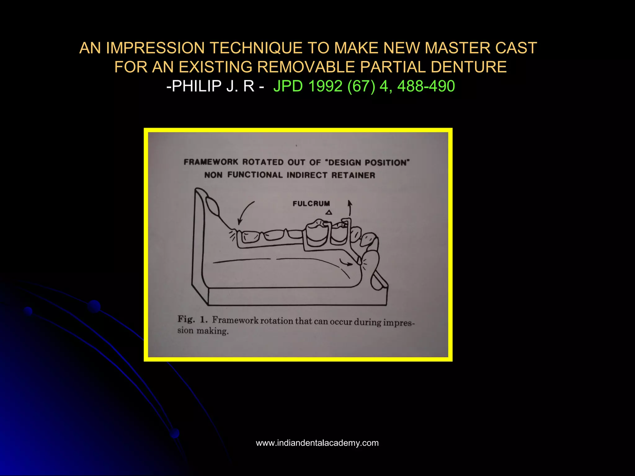 AN IMPRESSION TECHNIQUE TO MAKE NEW MASTER CAST
FOR AN EXISTING REMOVABLE PARTIAL DENTURE
-PHILIP J. R - JPD 1992 (67) 4, 488-490
www.indiandentalacademy.comwww.indiandentalacademy.com
 