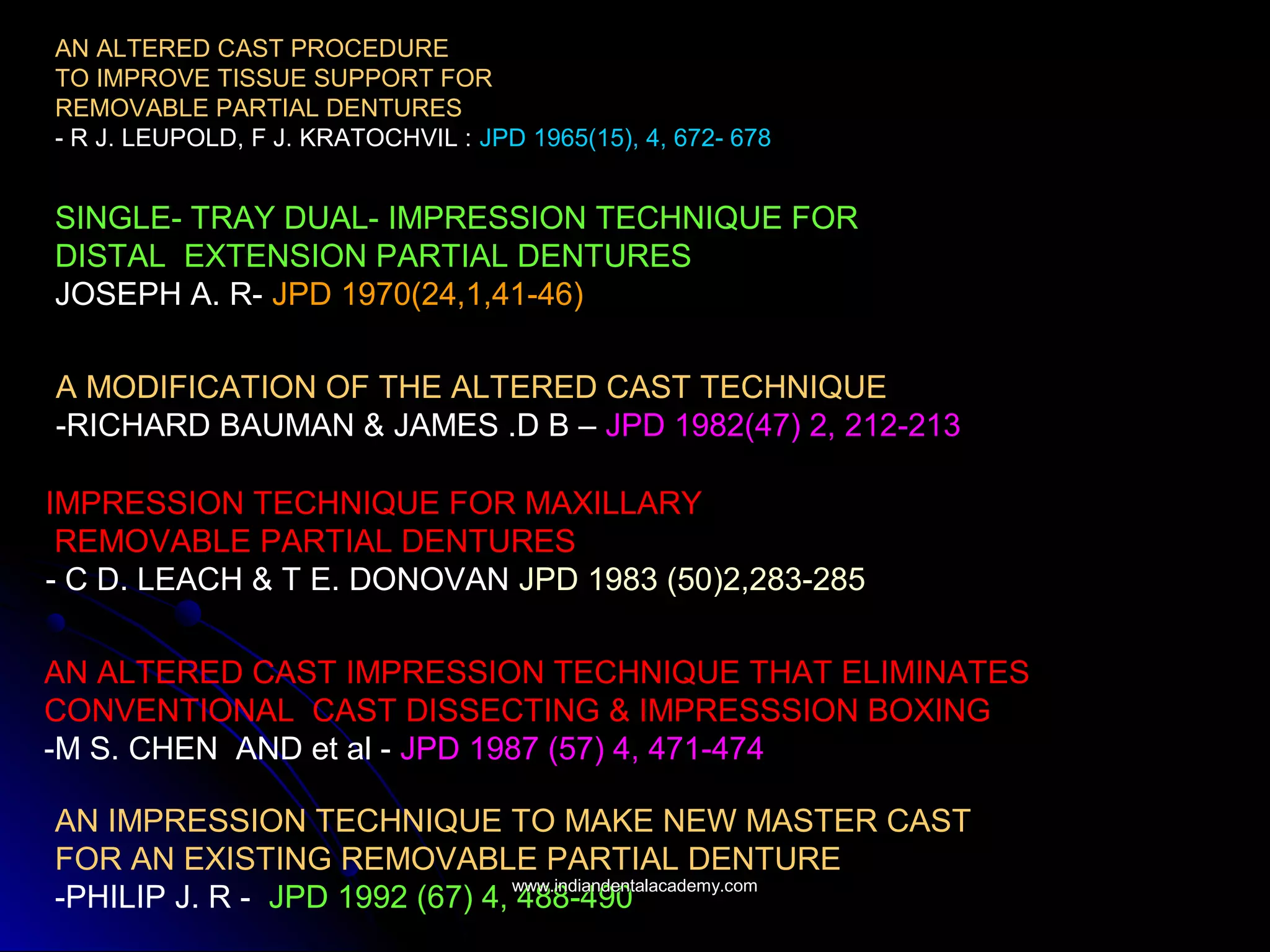 AN ALTERED CAST PROCEDURE
TO IMPROVE TISSUE SUPPORT FOR
REMOVABLE PARTIAL DENTURES
- R J. LEUPOLD, F J. KRATOCHVIL : JPD 1965(15), 4, 672- 678
SINGLE- TRAY DUAL- IMPRESSION TECHNIQUE FOR
DISTAL EXTENSION PARTIAL DENTURES
JOSEPH A. R- JPD 1970(24,1,41-46)
IMPRESSION TECHNIQUE FOR MAXILLARY
REMOVABLE PARTIAL DENTURES
- C D. LEACH & T E. DONOVAN JPD 1983 (50)2,283-285
AN ALTERED CAST IMPRESSION TECHNIQUE THAT ELIMINATES
CONVENTIONAL CAST DISSECTING & IMPRESSSION BOXING
-M S. CHEN AND et al - JPD 1987 (57) 4, 471-474
A MODIFICATION OF THE ALTERED CAST TECHNIQUE
-RICHARD BAUMAN & JAMES .D B – JPD 1982(47) 2, 212-213
AN IMPRESSION TECHNIQUE TO MAKE NEW MASTER CAST
FOR AN EXISTING REMOVABLE PARTIAL DENTURE
-PHILIP J. R - JPD 1992 (67) 4, 488-490www.indiandentalacademy.comwww.indiandentalacademy.com
 