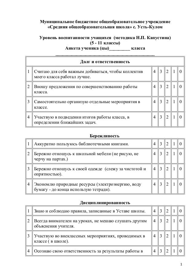 Уровень воспитанности учащихся методика н п капустина 1 4 классы образец заполнения
