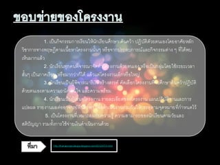 1. เป็นกิจกรรมการเรียนให้นักเรียนศึกษา ค้นคว้า ปฏิบัติดัวยตนเองโดยอาศัยหลัก
วิชาการทางทฤษฎีตามเนื้อหาโครงงานนั้นๆ หรือจากประสบการณ์และกิจกรรมต่าง ๆ ที่ได้พบ
เห็นมากแล้ว
2. นักเรียนทุกคนพิจารณาจัดทาโครงงานด้วยตนเอง หรือเป็นกลุ่มโดยใช้ระยะเวลา
สั้นๆ เป็นภาคเรียน หรือมากว่าก็ได้ แล้วแต่โครงงานเล็กหรือใหญ่
3. นักเรียนเป็นผู้พิจารณาริเริ่มสร้างสรรค์ คัดเลือกโครงงานที่จะศึกษาค้นคว้าปฏิบัติ
ด้วยตนเองตามความถนัด สนใจ และความพร้อม
4. นักเรียนเป็นผู้เสนอโครงงาน รายละเอียดของโครงงาน แผนปฏิบัติงานและการ
แปลผล รายงานผลต่ออาจารย์ที่ปรึกษา เพื่อดาเนินงานร่วมกันให้บรรลุตามจุดหมายที่กาหนดไว้
5. เป็นโครงงานที่เหมาะสมกับความรู้ ความสามารถของนักเรียนตามวัยและ
สติปัญญา รวมทั้งการใช้จ่ายเงินดาเนินงานด้วย
http://thanapongkiatsujja.blogspot.com/2012/07/3.html
 