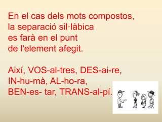 En el cas dels mots compostos,
la separació sil·làbica
es farà en el punt
de l'element afegit.
Així, VOS-al-tres, DES-ai-re,
IN-hu-mà, AL-ho-ra,
BEN-es- tar, TRANS-al-pí.
 