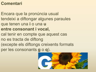 Comentari
Encara que la pronúncia usual
tendeixi a diftongar algunes paraules
que tenen una i o una u
entre consonant i vocal,
cal tenir en compte que aquest cas
no es tracta de diftong
(excepte els diftongs creixents formats
per les consonants g o q).
 