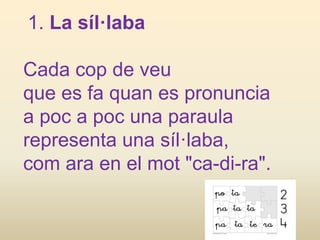 1. La síl·laba
Cada cop de veu
que es fa quan es pronuncia
a poc a poc una paraula
representa una síl·laba,
com ara en el mot "ca-di-ra".
 