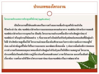 ประเภทของโครงงำน
โครงงำนประเภทกำรประยุกต์ใช้งำน(Application)
เป็ นโครงงำนที่ใช้คอมพิวเตอร์ในกำรสร้ำงผลงำนเพื่อประยุกต์ใช้งำนจริงใน
ชีวิตประจำวัน เช่น ซอฟต์แวร์สำหรับกำรออกแบบและตกแต่งอำคำร ซอฟต์แวร์สำหรับกำรผสมสี
ซอฟต์แวร์สำหรับกำรระบุคนร้ำย เป็ นต้น โครงงำนงำนประเภทนี้จะมีกำรประดิษฐ์ฮำร์ดแวร์
ซอฟต์แวร์ หรืออุปกรณ์ใช้สอยต่ำง ๆ ซึ่งอำจจะสร้ำงใหม่หรือปรับปรุงดัดแปลงของเดิมที่มีอยู่แล้ว
ให้มี ประสิทธิภำพสูงขึ้นก็ได้ โครงงำนลักษณะนี้จะต้องศึกษำและวิเครำะห์ควำมต้องกำรของผู้ใช้
ก่อน แล้วนำข้อมูลที่ได้มำใช้ในกำรออกแบบ และพัฒนำสิ่งของนั้น ๆ ต่อจำกนั้นต้องมีกำรทดสอบ
กำรทำงำนหรือทดสอบคุณภำพของสิ่งประดิษฐ์แล้วปรับปรุงแก้ไขให้มีควำมสมบูรณ์ โครงงำน
ประเภทนี้นักเรียนต้องใช้ควำมรู้เกี่ยวกับเครื่องคอมพิวเตอร์ ภำษำโปรแกรม และเครื่องมือต่ำง ๆ ที่
เกี่ยวข้อง รวมทั้งอำจใช้วิธีทำงวิศวกรรมฮำร์ดแวร์และซอฟต์แวร์ในกำรพัฒนำด้วย
 