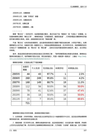 《公痴韓寒》, 版本 3.0
2006年11月，攻擊朗朗
2006年11月，攻擊“好男兒”演藝
2006年12月，攻擊余秋雨
2007年3月，攻擊王蒙
2007年4月，攻擊鄭鈞，2篇
。。。。。。
韓寒“罵文化”一系列炒作，為其獲得廣泛關注，真正完成了從“肄業生”到“社會人”的轉變。比
如當時韓寒白燁的“韓白之爭”，韓寒的粗話“文壇是個屁，誰都別裝逼”，打得習慣溫文爾雅學術評論
的作家白燁啞口無言。話說，這就是現在流行的“降維攻擊”啊。
不過“罵文化”也有深刻的侷限性，這玩意很容易搞成文壇圈子裡的自娛自樂，大眾並不關心。如果
韓寒當年止步于此，他最多只是一個著名文人。但路金波畢竟是路金波，在2008年左右，他對韓寒的定位
又做出了一個關鍵改變：從“罵文化”到“罵社會”，從對文化批判變成到對社會批判，總之，從文學走
向時政。
後來，路金波曾自豪地對記者敘述過自己的得意之筆：“我希望饒雪漫走商業化的路線，韓寒就去
豎牌坊做知識分子。他們倆絶不是女生版、男生版的劃分，而是一個經濟一個政治”（連結: http://lady.
163.com/10/0202/18/5UHMSCMU002626K5.html）
韓寒新浪博客，於是就出現了下面的轉變：
韓寒博客文章從2008年突變，是表現在兩個方面的：
1．比例突變：2008年開始，時政內容占比突然從百分之十幾激增到50％左右；並且從此開始韓寒博
客的時政內容，基本都保持在這個比例
2．風格突變：在2008年之前，韓寒也寫過時政內容，並且有固定模式：往往是先摘一篇新聞，然後附
上百字左右的評論了事；而2008年之後韓寒的博客時政文章，几乎都是“大部頭”長篇大論，且不乏精彩
2.1. 綜合 107
 