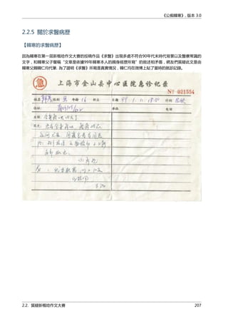 《公痴韓寒》, 版本 3.0
2.2.5 關於求醫病歷
【韓寒的求醫病歷】
因為韓寒在第一屆新概唸作文大賽的投稿作品《求醫》出現多處不符合90年代末時代背景以及醫療常識的
文字，和韓寒父子聲稱“文章是依據99年韓寒本人的親身經歷所寫”的敘述相矛盾，網友們質疑此文是由
韓寒父親韓仁均代筆. 為了證明《求醫》所寫是真實情況，韓仁均在微博上貼了當時的就診記錄。
2.2. 質疑新概唸作文大賽 207
 