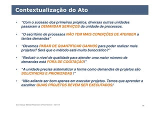 ELO Group, Michael Rosemann e Paul Harmon – 2011 © 49
• “Com o sucesso dos primeiros projetos, diversas outras unidades
passaram a DEMANDAR SERVIÇOS da unidade de processos.
• “O escritório de processos NÃO TEM MAIS CONDIÇÕES DE ATENDER a
tantas demandas”
• “Devemos PARAR DE QUANTIFICAR GANHOS para poder realizar mais
projetos? Será que o método está muito burocrático?”
• “Reduzir o nível de qualidade para atender uma maior número de
demandas está FORA DE COGITAÇÃO!”
• “A unidade precisa sistematizar a forma como demandas de projetos são
SOLICITADAS E PRIORIZADAS !”
• “Não adianta ser bom apenas em executar projetos. Temos que aprender a
escolher QUAIS PROJETOS DEVEM SER EXECUTADOS!
Contextualização do Ato
 