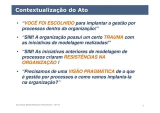 ELO Group, Michael Rosemann e Paul Harmon – 2011 © 5
• “VOCÊ FOI ESCOLHIDO para implantar a gestão por
processos dentro da organização!”
Contextualização do Ato
• “SIM! A organização possui um certo TRAUMA com
as iniciativas de modelagem realizadas!”
• “SIM! As iniciativas anteriores de modelagem de
processos criaram RESISTÊNCIAS NA
ORGANIZAÇÃO !
• “Precisamos de uma VISÃO PRAGMÁTICA de o que
é gestão por processos e como vamos implanta-la
na organização?”
 