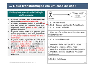 ELO Group, Michael Rosemann e Paul Harmon – 2011 © 63
... E sua transformação em um caso de uso !
Verificação Automática da Validação
do Vencimento
Verificação Automática da Validação
do Vencimento
1. O usuário cadastra a data de vencimento das
notas fiscais no formato dd/mm/aaaa
2. O sistema diariamente verifica as notas fiscais
que vão vencer nos próximos cinco dias,
disparando alertas (email e sms) para os
gestores envolvidos
3. O gestor recebe alerta e se preparar para
realizar pagamento da nota fiscal, informando
o valor, conta bancária e descrição dos itens a
serem pagos
4. O gestor realiza pagamento da nota fiscal
selecionando de uma lista a nota fiscal e
clicando no botão autorizar. É solicitado que o
gestor assine digitalmente o pagamento
5. O sistema da baixa da nota fiscal, armazena o
comprovante no banco de dados e envia um
email informando o fornecedor sobre o
pagamento
Manter NotasManter Notas
Fiscais
Usuário
3.2.2 – Casos de Uso
3.2.2.1 – Caso de Uso Manter Notas Fiscais
3.2.2.1.1 – Pré Condições
1. Uma nota fiscal deve estar vinculada a um
único fornecedor
3.2.2.1.2 – Fluxo Principal
1. O sistema exibe Tela de Notas Fiscais
2. O usuário seleciona a Nota Fiscal
3. O usuário preenche a data de vencimento
4. O sistema executa o subfluxo Pesquisar
Vencimentos
3.2.2.1.3 – SubFluxos
 