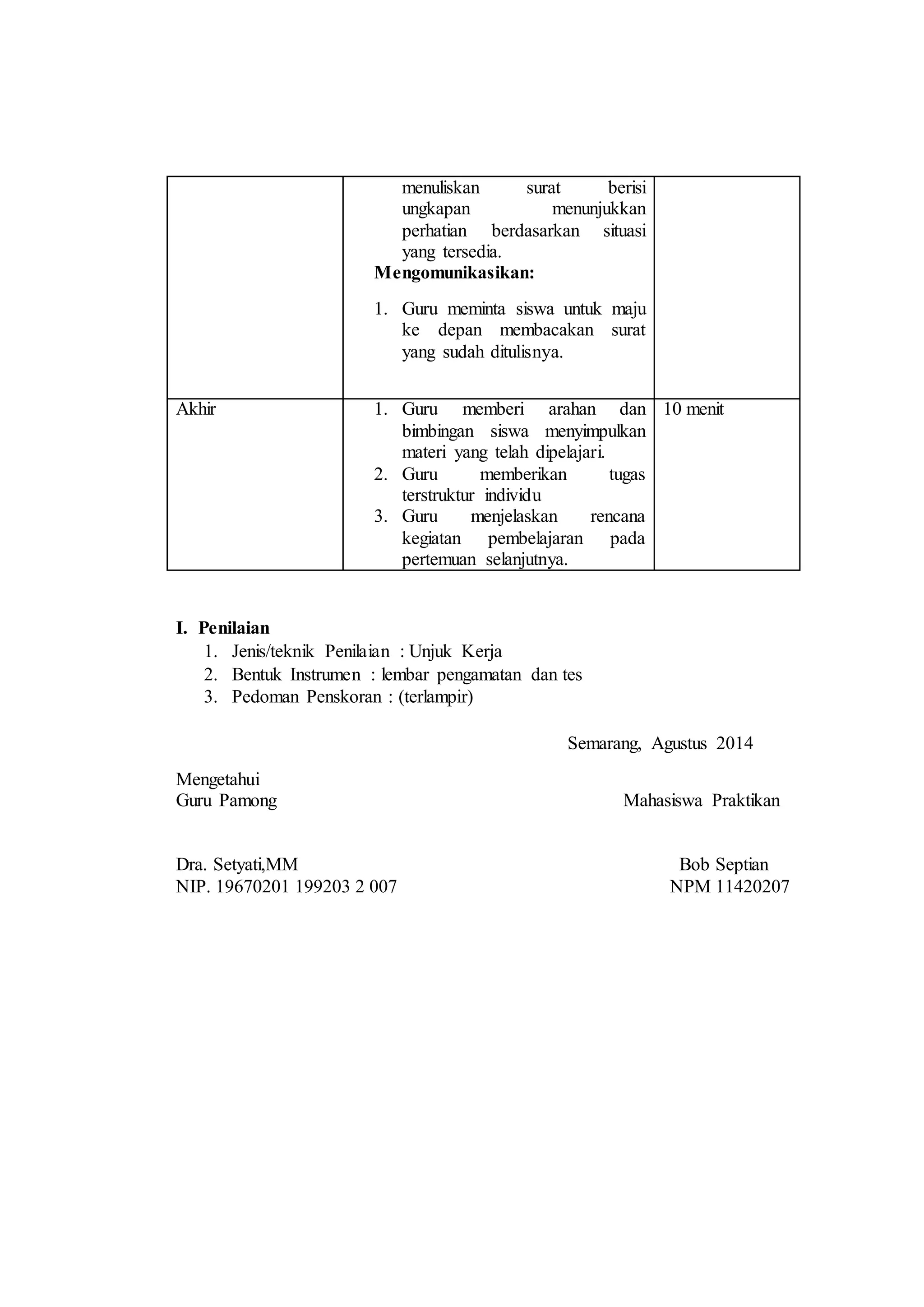 menuliskan surat berisi
ungkapan menunjukkan
perhatian berdasarkan situasi
yang tersedia.
Mengomunikasikan:
1. Guru meminta siswa untuk maju
ke depan membacakan surat
yang sudah ditulisnya.
Akhir 1. Guru memberi arahan dan
bimbingan siswa menyimpulkan
materi yang telah dipelajari.
2. Guru memberikan tugas
terstruktur individu
3. Guru menjelaskan rencana
kegiatan pembelajaran pada
pertemuan selanjutnya.
10 menit
I. Penilaian
1. Jenis/teknik Penilaian : Unjuk Kerja
2. Bentuk Instrumen : lembar pengamatan dan tes
3. Pedoman Penskoran : (terlampir)
Semarang, Agustus 2014
Mengetahui
Guru Pamong Mahasiswa Praktikan
Dra. Setyati,MM Bob Septian
NIP. 19670201 199203 2 007 NPM 11420207
 