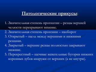 Патологические прикусы: 
1. Значительная степень прогнатии – резцы верхней 
челюсти перекрывают нижние. 
2. Значительная степень прогении – наоборот 
3. Открытый – щель между верхними и нижними 
резцами. 
4. Закрытый – верхние резцы полностью закрывают 
нижние. 
5. Перекрестный – щечные жевательные бугорки нижних 
коренных зубов кнаружи от верхних (а не кнутри). 
 