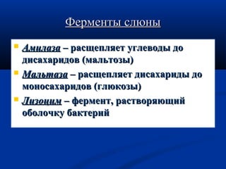 ФФееррммееннттыы ссллююнныы 
 ААммииллааззаа –– рраассщщеепплляяеетт ууггллееввооддыы ддоо 
ддииссааххааррииддоовв ((ммааллььттооззыы)) 
 ММааллььттааззаа –– рраассщщеепплляяеетт ддииссааххааррииддыы ддоо 
ммооннооссааххааррииддоовв ((ггллююккооззыы)) 
 ЛЛииззооцциимм –– ффееррммееннтт,, рраассттввоорряяюющщиийй 
ооббооллооччккуу ббааккттеерриийй 
 