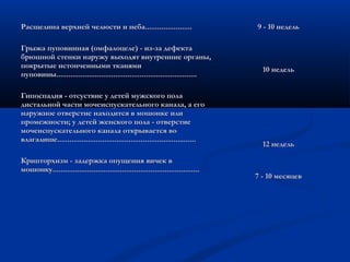 Расщелина неба......................Расщелина верхней челюсти и неба........................ 
ГГррыыжжаа ппууппооввииннннааяя ((ооммффааллооццееллее)) -- иизз--ззаа ддееффееккттаа 
ббррююшшнноойй ссттееннккии ннаарруужжуу ввыыххооддяятт ввннууттррееннннииее ооррггаанныы,, 
ппооккррыыттыыее ииссттооннччеенннныыммии ттккаанняяммии 
ппууппооввиинныы.......................................................................................................................................... 
ГГииппооссппааддиияя -- ооттссууссттввииее уу ддееттеейй ммуужжссккооггоо ппооллаа 
ддииссттааллььнноойй ччаассттии ммооччееииссппууссккааттееллььннооггоо ккааннааллаа,, аа ееггоо 
ннаарруужжннооее ооттввееррссттииее ннааххооддииттссяя вв ммоошшооннккее ииллии 
ппррооммеежжннооссттии;; уу ддееттеейй жжееннссккооггоо ппооллаа -- ооттввееррссттииее 
ммооччееииссппууссккааттееллььннооггоо ккааннааллаа ооттккррыыввааееттссяя ввоо 
ввллааггааллиишшее........................................................................................................................................ 
ККррииппттооррххииззмм -- ззааддеерржжккаа ооппуущщеенниияя яяииччеекк вв 
ммоошшооннккуу................................................................................................................................................ 
99 -- 1100 ннееддеелльь 
1100 ннееддеелльь 
1122 ннееддеелльь 
77 -- 1100 ммеессяяццеевв 
 