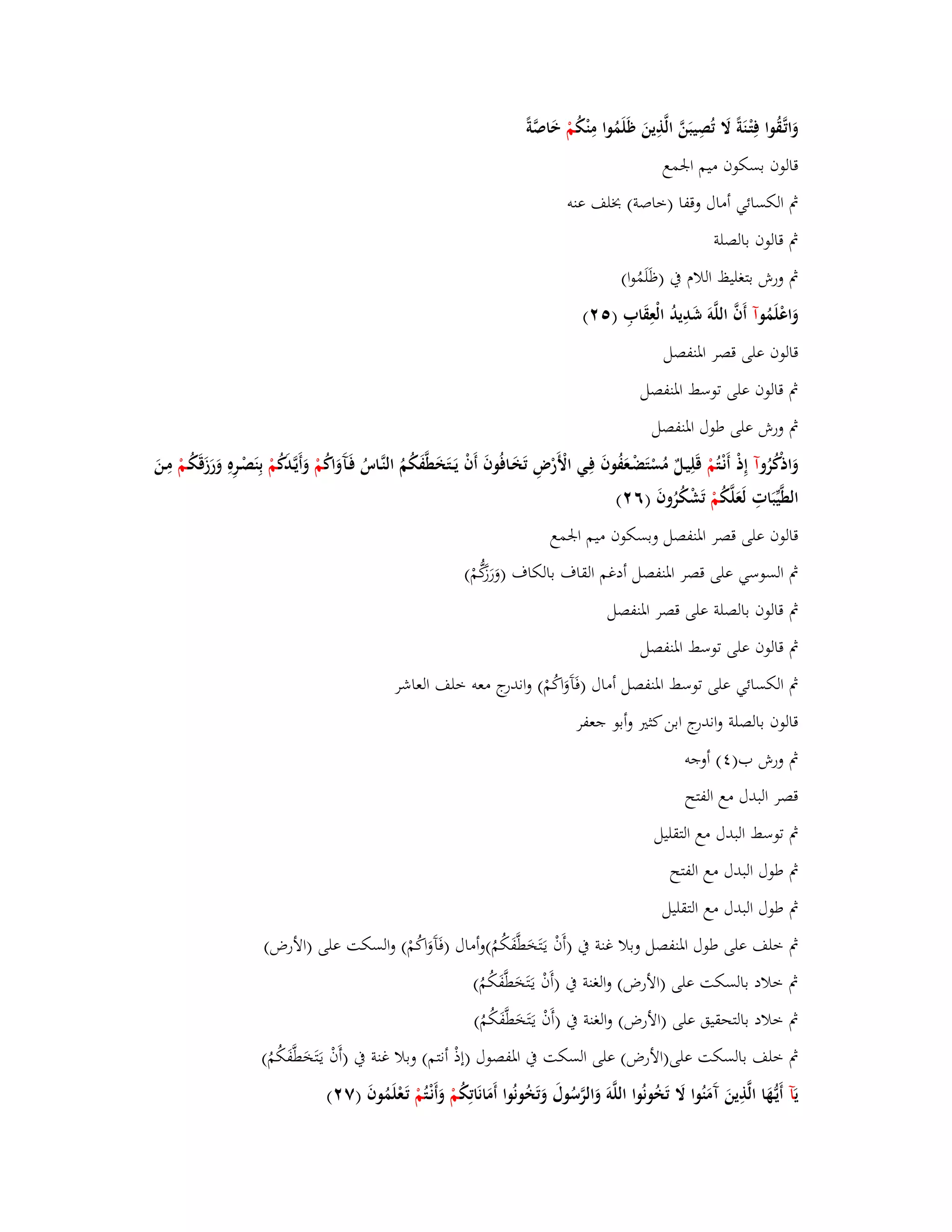 وَاتَّػقُوا فِتْػنَةً لََ تُصِيبَنَّ الَّذِينَ ظَلَمُوا مِنْكُ مْ خَاصَّةً 
قالوف بسكوف ميم ابعمع 
بٍ الكسائي أماؿ وقفا )خاصة( بخلف عنو 
بٍ قالوف بالصلة 
بٍ ورش بتغليظ اللاـ بُ )ظَلَمُوا( 
وَاعْلَمُ وآ أَفَّ اللَّوَ شَدِيدُ الْعِقَابِ ) (ٕ٘ 
قالوف على قصر ابؼنفصل 
بٍ قالوف على توسط ابؼنفصل 
بٍ ورش على طوؿ ابؼنفصل 
وَاذكُْرُ وآ إِذْ أَنْػ تُمْ قَلِيػلٌ مُسْتَضْػعَفُ وفَ فِػي الْأَرْضِ تَخَػافُوفَ أَفْ يَػػتَخَطَّفَكُمُ النَّػاسُ فَػآَوَاكُ مْ وَأَيػدََّكُ مْ بِنَصْػرِهِ وَرَزَقَكُػمْ مِػنَ 
الطَّيّْبَاتِ لَعَلَّكُ مْ تَشْكُرُوفَ )ٙ (ٕ 
قالوف على قصر ابؼنفصل وبسكوف ميم ابعمع 
بٍ السوسي على قصر ابؼنفصل أدغم القاؼ بالكاؼ )وَرَزَكُّمْ( 
بٍ قالوف بالصلة على قصر ابؼنفصل 
بٍ قالوف على توسط ابؼنفصل 
بٍ الكسائي على توسط ابؼنفصل أماؿ )فَآَوَاكُمْ( واندرج معو خلف العاشر 
قالوف بالصلة واندرج ابن كثتَ وأبو جعفر 
بٍ ورش ب) (ٗ أوجو 
قصر البدؿ مع الفتح 
بٍ توسط البدؿ مع التقليل 
بٍ طوؿ البدؿ مع الفتح 
بٍ طوؿ البدؿ مع التقليل 
بٍ خلف على طوؿ ابؼنفصل وبلا غنة بُ )أَفْ يػتََخَطَّفَكُمُ(وأماؿ )فَآَوَاكُمْ( والسكت على )الأرض( 
بٍ خلاد بالسكت على )الأرض( والغنة بُ )أَفْ يػتََخَطَّفَكُمُ( 
بٍ خلاد بالتحقيق على )الأرض( والغنة بُ )أَفْ يػتََخَطَّفَكُمُ( 
بٍ خلف بالسكت على)الأرض( على السكت بُ ابؼفصوؿ )إذْ أنتم( وبلا غنة بُ )أَفْ يػتََخَطَّفَكُمُ( 
يَآ أَيػهَُّا الَّذِينَ آَمَنُوا لََ تَخُونُوا اللَّوَ وَالرَّسُوؿَ وَتَخُونُوا أَمَانَاتِكُ مْ وَأَنْػ تُمْ تَػعْلَمُوفَ )ٚ (ٕ 
 