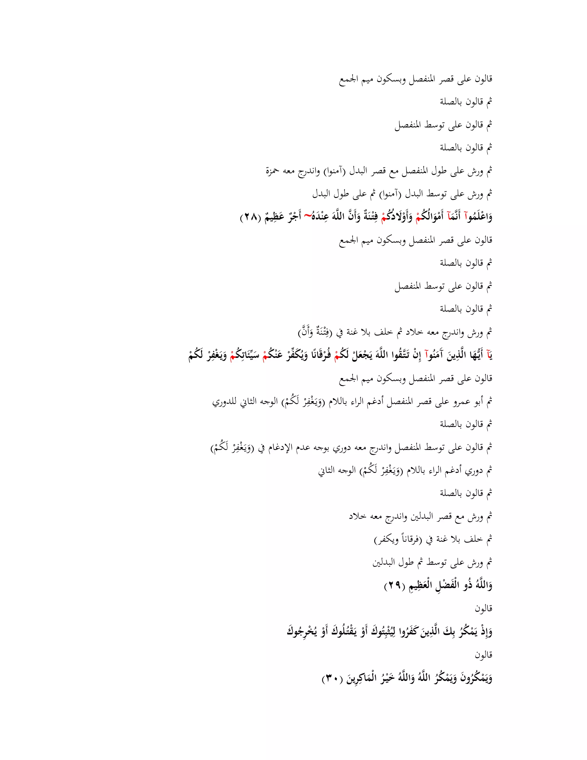 قالوف على قصر ابؼنفصل وبسكوف ميم ابعمع 
بٍ قالوف بالصلة 
بٍ قالوف على توسط ابؼنفصل 
بٍ قالوف بالصلة 
بٍ ورش على طوؿ ابؼنفصل مع قصر البدؿ )آمنوا( واندرج معو بضزة 
بٍ ورش على توسط البدؿ )آمنوا( بٍ على طوؿ البدؿ 
وَاعْلَمُ وآ أَنَّمَ آ أَمْوَالُكُ مْ وَأَوْلََدُكُ مْ فِتْػنَةٌ وَأَفَّ اللَّوَ عِنْدَه ~ أَجْرٌ عَظِيمٌ )ٛ (ٕ 
قالوف على قصر ابؼنفصل وبسكوف ميم ابعمع 
بٍ قالوف بالصلة 
بٍ قالوف على توسط ابؼنفصل 
بٍ قالوف بالصلة 
بٍ ورش واندرج معو خلاد بٍ خلف بلا غنة بُ )فِتْػنَةٌ وَأَفَّ( 
يَآ أَيػهَُّا الَّذِينَ آَمَنُ وآ إِفْ تَػتَّػقُوا اللَّوَ يَجْعَلْ لَكُ مْ فُػرْقَانًا وَيُكَفّْ رْ عَنْكُ مْ سَيّْئَاتِكُ مْ وَيَػغْفِرْ لَكُمْ 
قالوف على قصر ابؼنفصل وبسكوف ميم ابعمع 
بٍ أبو عمرو على قصر ابؼنفصل أدغم الراء باللاـ )وَيػغَْفِرْ لَكُمْ( الوجو الثاني للدوري 
بٍ قالوف بالصلة 
بٍ قالوف على توسط ابؼنفصل واندرج معو دوري بوجو عدـ الإدغاـ بُ )وَي ػغَْفِرْ لَكُمْ( 
بٍ دوري أدغم الراء باللاـ )وَيػغَْفِرْ لَكُمْ( الوجو الثاني 
بٍ قالوف بالصلة 
بٍ ورش مع قصر البدلتُ واندرج معو خلاد 
بٍ خلف بلا غنة بُ )فرقاناً ويكفر( 
بٍ ورش على توسط بٍ طوؿ البدلتُ 
وَاللَّوُ ذُو الْفَضْلِ الْعَظِيمِ )ٜ (ٕ 
قالوف 
وَإِذْ يَمْ كُرُ بِكَ الَّذِينَ كَفَرُوا لِيُثْبِتُوؾَ أَوْ يَػقْتُػلُوؾَ أَوْ يُخْرِجُوؾَ 
قالوف 
وَيَمْكُرُوفَ وَيَمْكُرُ اللَّوُ وَاللَّوُ خَيْػرُ الْمَاكِرِينَ ) (ٖٓ 
 