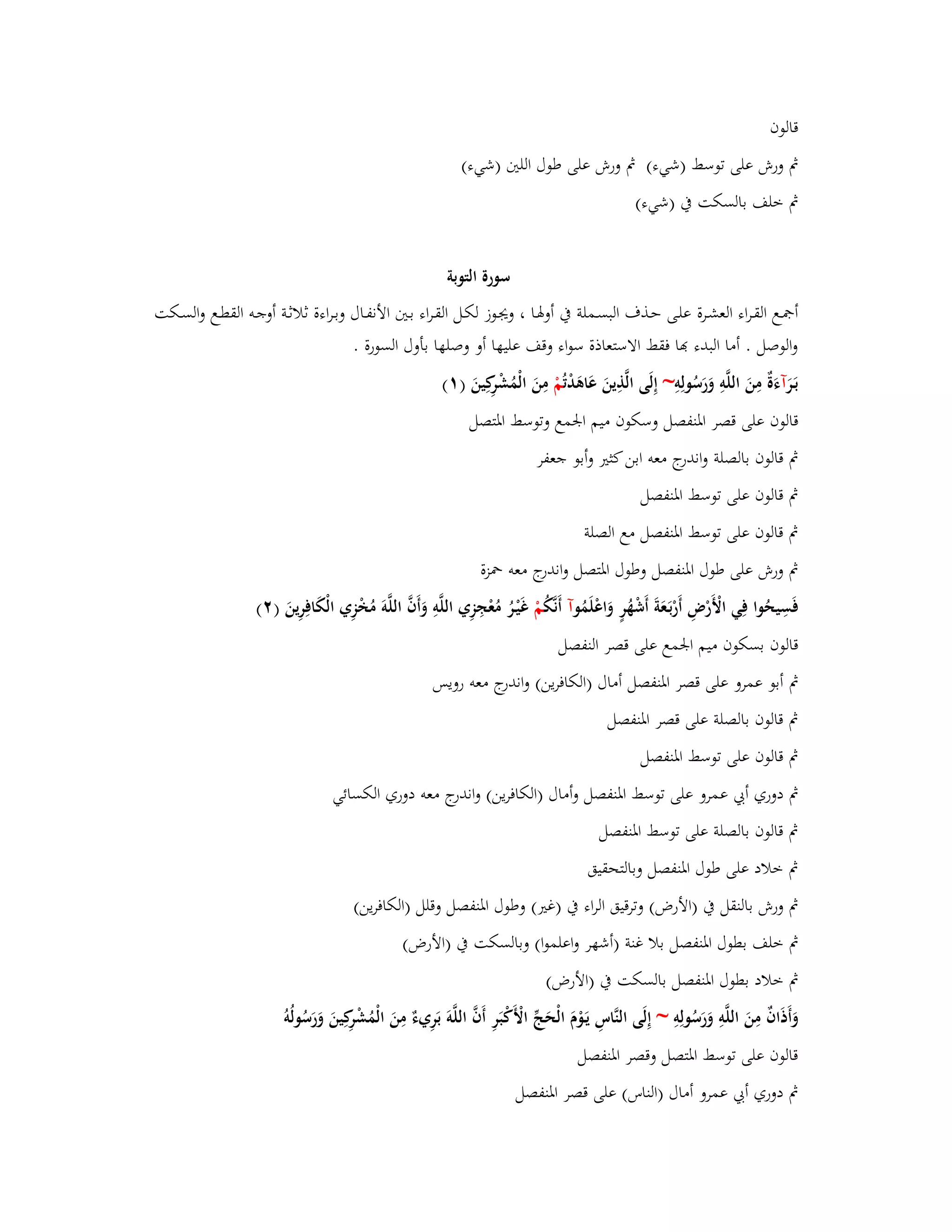 قالوف 
بٍ ورش على توسط )شيء( بٍ ورش على طوؿ اللتُ )شيء( 
بٍ خلف بالسكت بُ )شيء( 
سورة التوبة 
أبصػػع القػػراء العشػػرة علػػى حػػذؼ البسػػملة بُ أوبؽػػا ، واػػوز لكػػل القػػراء بػػتُ الأنفػػاؿ وبػػراءة ثلاثػػة أوجػػو القطػػع والسػػكت 
والوصل . أما البدء أّ فقط الاستعاذة سواء وقف عليها أو وصلها بأوؿ السورة . 
بَػ رآءَةٌ مِنَ اللَّوِ وَرَسُولِوِ ~ إِلَى الَّذِينَ عَاىَدْ تُمْ مِنَ الْمُشْرِكِينَ ) (ٔ 
قالوف على قصر ابؼنفصل وسكوف ميم ابعمع وتوسط ابؼتصل 
بٍ قالوف بالصلة واندرج معو ابن كثتَ وأبو جعفر 
بٍ قالوف على توسط ابؼنفصل 
بٍ قالوف على توسط ابؼنفصل مع الصلة 
بٍ ورش على طوؿ ابؼنفصل وطوؿ ابؼتصل واندرج معو بضزة 
فَسِيحُوا فِي الْأَرْضِ أَرْبَػعَةَ أَشْهُرٍ وَاعْ لَمُ وآ أَنَّكُ مْ غَيْػرُ مُعْجِزِي اللَّوِ وَأَفَّ اللَّوَ مُخْزِي الْكَافِرِينَ ) (ٕ 
قالوف بسكوف ميم ابعمع على قصر النفصل 
بٍ أبو عمرو على قصر ابؼنفصل أماؿ )الكافرين( واندرج معو رويس 
بٍ قالوف بالصلة على قصر ابؼنفصل 
بٍ قالوف على توسط ابؼنفصل 
بٍ دوري أبي عمرو على توسط ابؼنفصل وأماؿ )الكافرين( واندرج معو دوري الكسائي 
بٍ قالوف بالصلة على توسط ابؼنفصل 
بٍ خلاد على طوؿ ابؼنفصل وبالتحقيق 
بٍ ورش بالنقل بُ )الأرض( وترقيق الراء بُ )غتَ( وطوؿ ابؼنفصل وقلل )الكافرين( 
بٍ خلف بطوؿ ابؼنفصل بلا غنة )أشهر واعلموا( وبالسكت بُ )الأرض( 
بٍ خلاد بطوؿ ابؼنفصل بالسكت بُ )الأرض( 
وَأَذَافٌ مِنَ اللَّوِ وَرَسُولِوِ ~ إِلَى النَّاسِ يَػوْـَ الْحَجّْ الْأَكْبَرِ أَفَّ اللَّوَ بَرِيءٌ مِنَ الْمُشْرِكِينَ وَرَسُولُوُ 
قالوف على توسط ابؼتصل وقصر ابؼنفصل 
بٍ دوري أبي عمرو أماؿ )الناس( على قصر ابؼنفصل 
 
