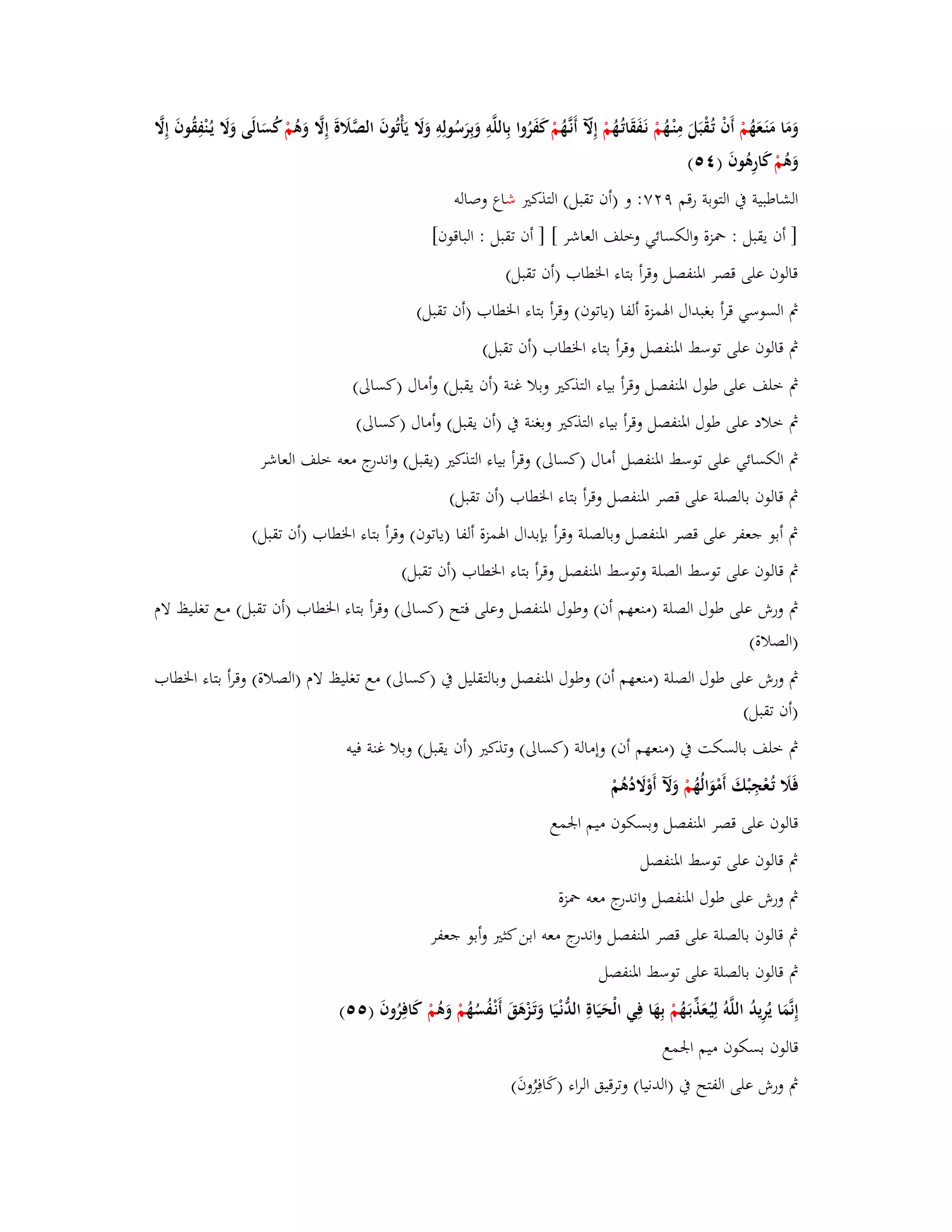 وَمَا مَنَػعَهُ مْ أَفْ تُػقْبَلَ مِنْػهُ مْ نَػفَقَاتُػهُ مْ إِلّّ أَنػهَُّ مْ كفَرُوا بِاللَّوِ وَبِرَسُولِوِ وَلََ يَأْتُوفَ الصَّلََة إِلََّ وَىُ مْ كسَالَى وَلََ يػنُْفِقُوفَ إِلََّ 
وَىُ مْ كارِىُوفَ ) (ٗ٘ 
الشاطبية بُ التوبة رقم ٜ ٕٚ: و )أف تقبل( التذكتَ شاع وصالو 
] أف يقبل : بضزة والكسائي وخلف العاشر [ ] أف تقبل : الباقوف[ 
قالوف على قصر ابؼنفصل وقرأ بتاء ابػطاب )أف تقبل( 
بٍ السوسي ق رأ بغبداؿ ابؽمزة ألفا )ياتوف( وقرأ بتاء ابػطاب )أف تقبل( 
بٍ قالوف على توسط ابؼنفصل وقرأ بتاء ابػطاب )أف تقبل( 
بٍ خلف على طوؿ ابؼنفصل وقرأ بياء التذكتَ وبلا غنة )أف يقبل( وأماؿ )كسالى( 
بٍ خلاد على طوؿ ابؼنفصل وقرأ بياء التذكتَ وبغنة بُ )أف يقبل( وأماؿ )كسالى( 
بٍ الكسائي على توسط ابؼنفصل أماؿ )كسالى( وقرأ بياء التذكتَ )يقبل( واندرج معو خلف العاشر 
بٍ قالوف بالصلة على قصر ابؼنفصل وقرأ بتاء ابػطاب )أف تقبل( 
بٍ أبو جعفر على قصر ابؼنفصل وبالصلة وقرأ بإبداؿ ابؽمزة ألفا )ياتوف( وقرأ بتاء ابػطاب )أف تقبل( 
بٍ قالوف على توسط الصلة وتوسط ابؼنفصل وقرأ بتاء ابػطاب )أف تقبل( 
بٍ ورش على طوؿ الصلة )منعهم أف( وطوؿ ابؼنفصل وعلى فتح )كسالى( وقرأ بتاء ابػطاب )أف تقبل( مػع تغلػيظ لاـ 
)الصلاة( 
بٍ ورش على طوؿ الصلة )منعهم أف( وطوؿ ابؼنفصل وبالتقليل بُ )كسالى( مع تغليظ لاـ )الصلاة( وقرأ بتاء ابػطاب 
)أف تقبل( 
بٍ خلف بالسكت بُ )منعهم أف( وإمالة )كسالى( وتذكتَ )أف يقبل( وبلا غنة فيو 
فَلََ تُػعْجِبْكَ أَمْوَالُهُ مْ وَلَّ أَوْلََدُىُمْ 
قالوف على قصر ابؼنفصل وبسكوف ميم ابعمع 
بٍ قالوف على توسط ابؼنفصل 
بٍ ورش على طوؿ ابؼنفصل واندرج معو بضزة 
بٍ قالوف بالصلة على قصر ابؼنفصل واندرج معو ابن كثتَ وأبو جعفر 
بٍ قالوف بالصلة على توسط ابؼنفصل 
إِنَّمَا يُرِيدُ اللَّوُ لِيُػعَذّْبَػهُ مْ بِهَا فِي الْحَيَاةِ الدُّنْػيَا وَتَػزْىَقَ أَنْػفُسُهُ مْ وَىُ مْ كَافِرُوفَ ) (٘٘ 
قالوف بسكوف ميم ابعمع 
بٍ ورش على الفتح بُ )الدنيا( وترقيق الراء )كَافِرُوفَ( 
 