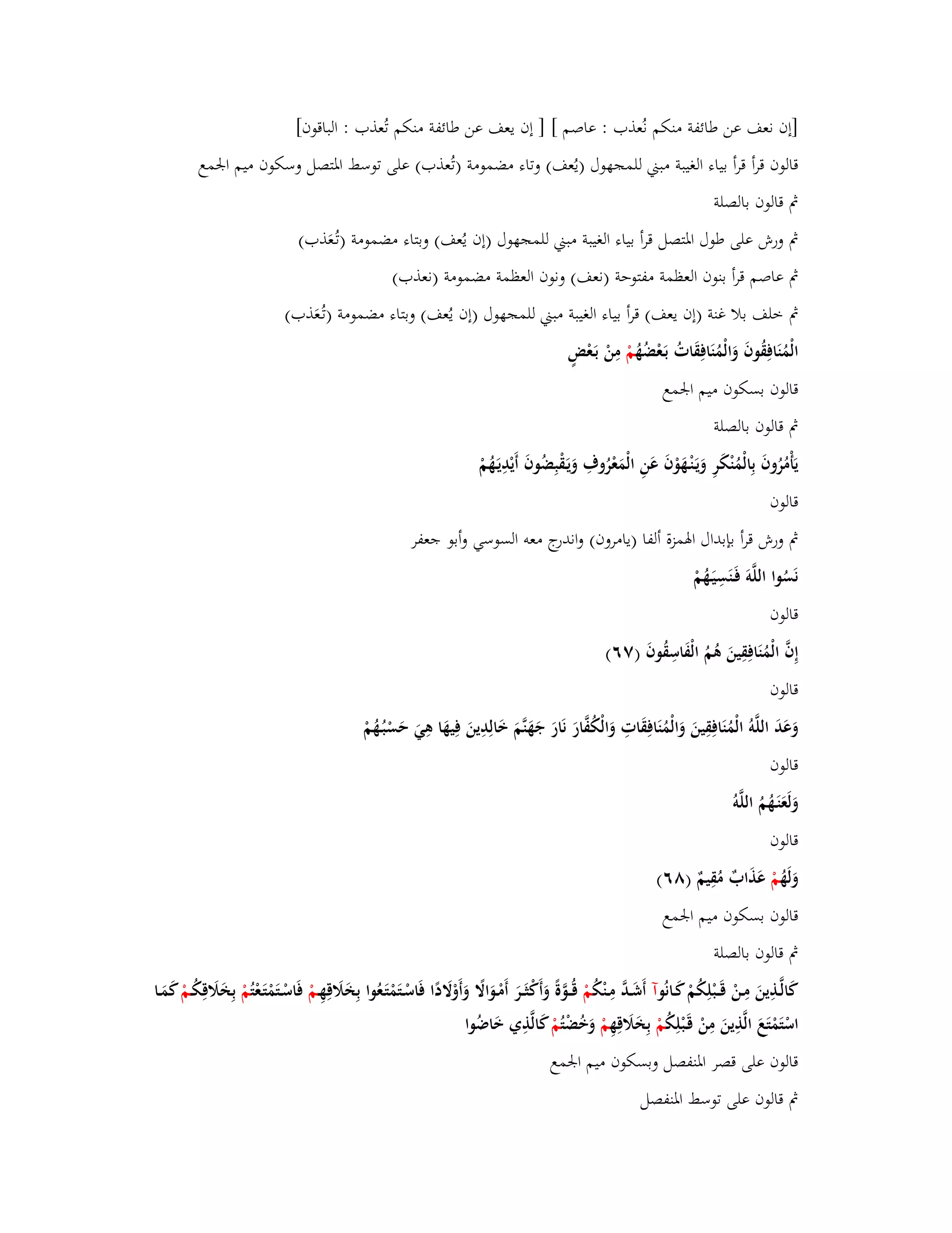 ]إف نعف عن طائفة منكم نُعذب : عاصم [ ] إف يعف عن طائفة منكم تُعذب : الباقوف[ 
قالوف قرأ قرأ بياء الغيبة مبتٍ للمجهوؿ )يُعف( وتاء مضمومة ) تُعذب( على توسط ابؼتصل وسكوف ميم ابعمع 
بٍ قالوف بالصلة 
بٍ ورش على طوؿ ابؼتصل قرأ بياء الغيبة مبتٍ للمجهوؿ )إف يُعف( وبتاء مضمومة )تػعَُذب( 
بٍ عاصم قرأ بنوف العظمة مفتوحة )نعف( ونوف العظمة مضمومة )نعذب( 
بٍ خلف بلا غنة )إف يعف( قرأ بياء الغيبة مبتٍ للمجهوؿ )إف يُعف( وبتاء مضمومة )تػعَُذب( 
الْمُنَافِقُوفَ وَالْمُنَافِقَاتُ بَػعْضُهُ مْ مِنْ بَػعْضٍ 
قالوف بسكوف ميم ابعمع 
بٍ قالوف بالصلة 
يَأْمُرُوفَ بِالْمُنْكَرِ وَيَػنْػهَوْفَ عَنِ الْمَعْرُوؼِ وَيَػقْبِضُوفَ أَيْدِيَػهُمْ 
قالوف 
بٍ ورش قرأ بإبداؿ ابؽمزة ألفا )يامروف( واندرج معو السوسي وأبو جعفر 
نَسُوا اللَّوَ فَػنَسِيَػهُمْ 
قالوف 
إِفَّ الْمُنَافِقِينَ ىُمُ ا لْفَاسِقُوفَ )ٚٙ( 
قالوف 
وَعَدَ اللَّوُ الْمُنَافِقِينَ وَالْمُنَافِقَاتِ وَالْكُفَّارَ نَارَ جَهَنَّمَ خَالِدِينَ فِيهَا ىِيَ حَسْبُػهُمْ 
قالوف 
وَلَعَنَػهُمُ اللَّو قالوف 
وَلَهُ مْ عَذَابٌ مُقِيمٌ )ٛٙ( 
قالوف بسكوف ميم ابعمع 
بٍ قالوف بالصلة 
كَالَّػذِينَ مِػنْ قَػػبْلِكُمْ كَػانُ وآ أَشَػدَّ مِػنْكُ مْ قُػػوَّةً وَأَكْثَػػرَ أَمْػوَالًَ وَأَوْلََدًا فَاسْػتَمْتَػعُوا بِخَلََقِهِػمْ فَاسْػتَمْتَػعْ تُمْ بِخَلََقِكُػمْ كمَػا 
اسْتَمْتَعَ الَّذِينَ مِنْ قَػبْلِكُ مْ بِخَلََقِهِ مْ وَخُضْ تُمْ كالَّذِي خَاضُوا 
قالوف على قصر ابؼنفصل وبسكوف ميم ابعمع 
بٍ قالوف على توسط ابؼنفصل 
 