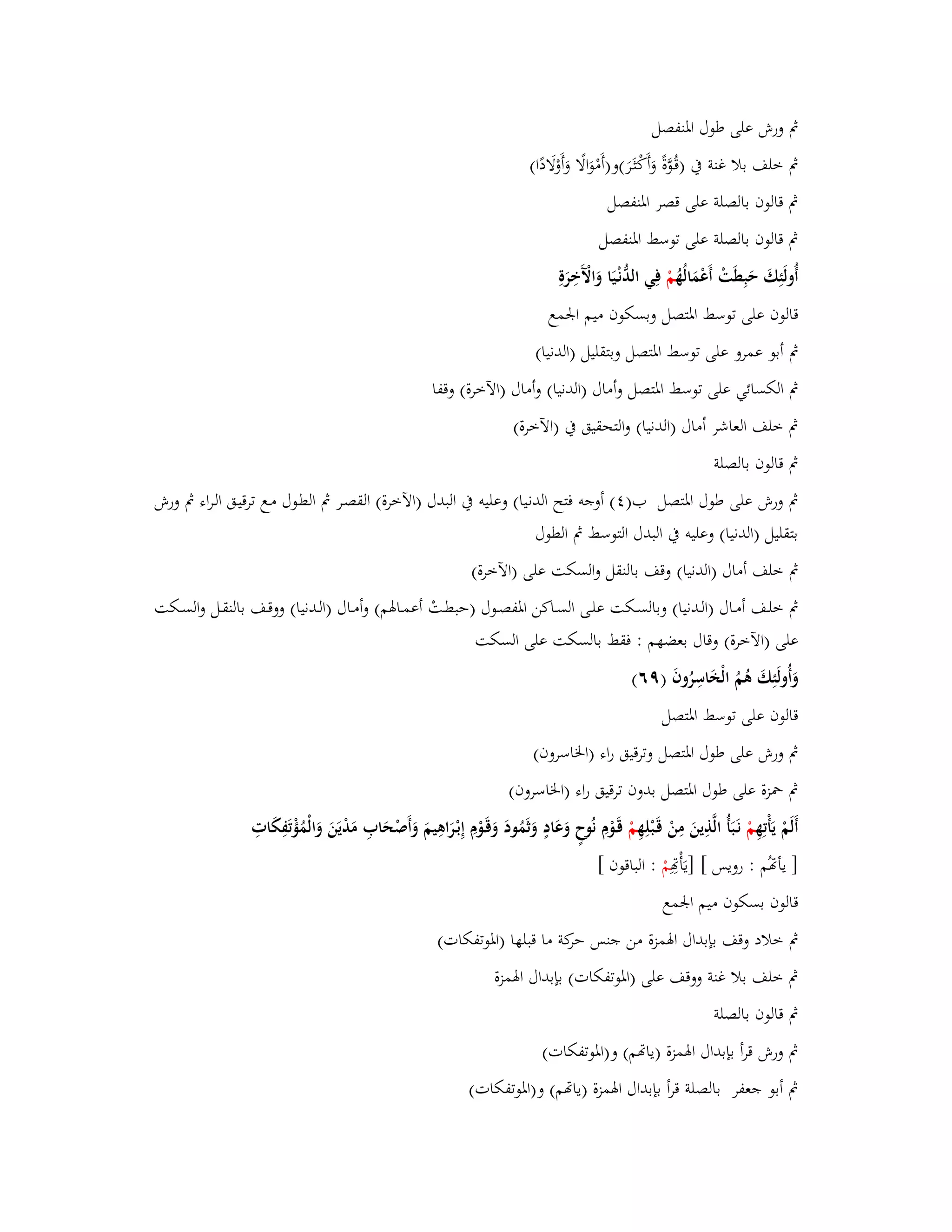 بٍ ورش على طوؿ ابؼنفصل 
بٍ خلف بلا غنة بُ )قُػوَّةً وَأَكْثَػرَ(و)أَمْوَالًا وَأَوْلَادًا( 
بٍ قالوف بالصلة على قصر ابؼنفصل 
بٍ قالوف بالصلة على توسط ابؼنفصل 
أُولَئِكَ حَبِطَتْ أَعْمَالُهُ مْ فِي الدُّنْػيَا وَالَّْخِرَة قالوف على توسط ابؼتصل وبسكوف ميم ابعمع 
بٍ أبو عمرو على توسط ابؼتصل وبتقليل )الدنيا( 
بٍ الكسائي على توسط ابؼتصل وأماؿ )الدنيا( وأماؿ )الآخرة( وقفا 
بٍ خلف العاشر أماؿ )الدنيا( والتحقيق بُ )الآخرة( 
بٍ قالوف بالصلة 
بٍ ورش على طوؿ ابؼتصل ب) (ٗ أوجو فتح الدنيا( وعليو بُ البدؿ )الآخرة( القصػر بٍ الطػوؿ مػع ترقيػق الػراء بٍ ورش 
بتقليل )الدنيا( وعليو بُ البدؿ التوسط بٍ الطوؿ 
بٍ خلف أماؿ )الدنيا( وقف بالنقل والسكت على )الآخرة( 
بٍ خلػػف أمػػاؿ )الػػدنيا( وبالسػػكت علػػى السػػاكن ابؼفصػػوؿ )حبطػتْ أعمػابؽم( وأمػػاؿ )الػػدنيا( ووقػػف بالنقػػل والسػػكت 
على )الآخرة( وقاؿ بعضهم : فقط بالسكت على السكت 
وَأُولَئِكَ ىُمُ الْخَاسِرُوفَ )ٜٙ( 
قالوف على توسط ابؼتصل 
بٍ ورش على طوؿ ابؼتصل وترقيق راء )ابػاسروف( 
بٍ بضزة على طوؿ ابؼتصل بدوف ترقيق راء )ابػاسروف( 
أَلَمْ يَأْتِهِ مْ نَػبَأُ الَّذِينَ مِنْ قَػبْلِهِ مْ قَػوْـِ نُوحٍ وَعَادٍ وَثَمُودَ وَقَػوْـِ إِبْػرَاىِيمَ وَأَصْحَابِ مَدْيَنَ وَالْمُؤْتَفِكَاتِ 
] يأصُم : رويس [ ]يَأْ صِمْ : الباقوف [ 
قالوف بسكوف ميم ابعمع 
بٍ خلاد وقف بإبداؿ ابؽمزة من جنس حركة ما قبلها )ابؼوتفكات( 
بٍ خلف بلا غنة ووقف على )ابؼوتفكات( بإبداؿ ابؽمزة 
بٍ قالوف بالصلة 
بٍ ورش قرأ بإبداؿ ابؽمزة )ياصم( و)ابؼوتفكات( 
بٍ أبو جعفر بالصلة قرأ بإبداؿ ابؽمزة )ياصم( و)ابؼوتفكات( 
 