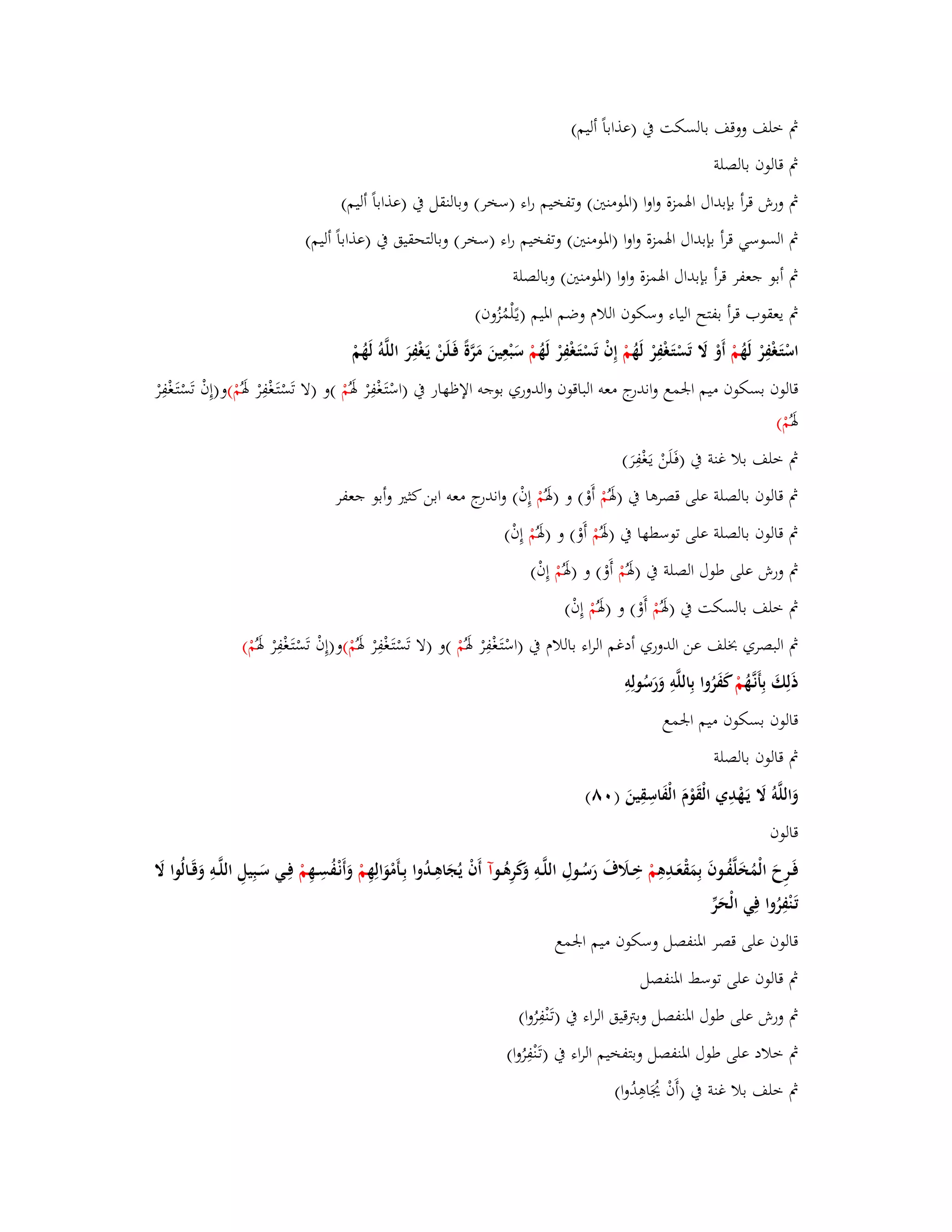 بٍ خلف ووقف بالسكت بُ )عذاباً أليم( 
بٍ قالوف بالصلة 
بٍ ورش قرأ بإبداؿ ابؽمزة واوا )ابؼومنتُ( وتفخيم راء )سخر( وبالنقل بُ )عذاباً أليم( 
بٍ السوسي قرأ بإبداؿ ابؽمزة واوا )ابؼومنتُ( وتفخيم راء )سخر( وبالتحقيق بُ )عذاباً أليم( 
بٍ أبو جعفر قرأ بإبداؿ ابؽمزة واوا )ابؼومنتُ( وبالصلة 
بٍ يعقوب قرأ بفتح الياء وسكوف اللاـ وضم ابؼيم )ي ػلًْمُزُوف( 
اسْتَػغْفِرْ لَهُ مْ أَوْ لََ تَسْتَػغْفِرْ لَهُ مْ إِفْ تَسْتَػغْفِرْ لَهُ مْ سَبْعِينَ مَرَّةً فَػلَنْ يَػغْفِرَ اللَّوُ لَهُمْ 
قالوف بسكوف ميم ابعمع واندرج معو الباقوف والدوري بوجو الإظهار بُ )اسْتَػغْفِرْ بؽَ مُْ (و )لا تَسْتَػغْفِرْ بؽَ مُْ(و)إِفْ تَسْت ػغْفِرْ 
بؽَ مُْ( 
بٍ خلف بلا غنة بُ )فَػلَنْ يػغَْفِرَ( 
بٍ قالوف بالصلة على قصرىا بُ )بؽَ مُْ أَوْ( و )بؽَ مُْ إِفْ( واندرج معو ابن كثتَ وأبو جعفر 
بٍ قالوف بالصلة على توسطها بُ )بؽَ مُْ أَوْ( و )بؽَ مُْ إِفْ( 
بٍ ورش على طوؿ الصلة بُ )بؽَ مُْ أَوْ( و )بؽَ مُْ إِفْ( 
بٍ خلف بالسكت بُ )بؽَ مُْ أَوْ( و )بؽَ مُْ إِفْ( 
بٍ البصري بخلف عن الدوري أدغم الراء باللاـ بُ )اسْتَػغْفِرْ بؽَ مُْ (و )لا تَسْتَػغْفِرْ بؽَ مُْ(و)إِفْ تَسْتَػغْفِرْ بؽَ مُْ( 
ذَلِكَ بِأَنػهَُّ مْ كفَرُوا بِاللَّوِ وَرَسُولِوِ 
قالوف بسكوف ميم ابعمع 
بٍ قالوف بالصلة 
وَاللَّوُ لََ يَػهْدِي الْقَوْـَ الْفَاسِقِينَ ) ٛٓ( 
قالوف 
فَػػرِحَ الْمُخَلَّفُػػوفَ بِمَقْعَػػدِىِ مْ خِػػلََؼَ رَسُػػوؿِ اللَّػػوِ وَكَرِىُػػ وآ أَفْ يُجَاىِػػدُوا بِػػأَمْوَالِهِ مْ وَأَنْػفُسِػػهِ مْ فِػػي سَػػبِيلِ اللَّػػوِ وَقَػػالُوا لََ 
تَػنْفِرُوا فِي الْحَرّْ 
قالوف على قصر ابؼنفصل وسكوف ميم ابعمع 
بٍ قالوف على توسط ابؼنفصل 
بٍ ورش على طوؿ ابؼنفصل وبتًقيق الراء بُ )تَػنْفِرُوا( 
بٍ خلاد على طوؿ ابؼنفصل وبتفخيم الراء بُ )تَػنْفِرُوا( 
بٍ خلف بلا غنة بُ )أَفْ اَُاىِدُوا( 
 