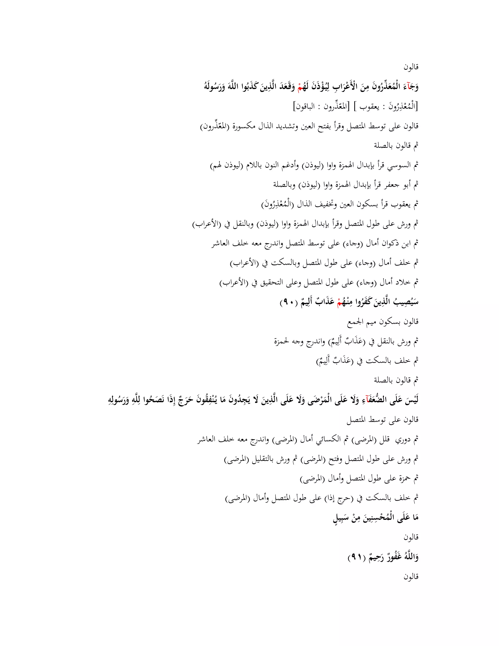 قالوف 
وَجَ آءَ الْمُعَذّْرُوفَ مِنَ الْأَعْ رابِ لِيُػؤْذَفَ لَهُ مْ وَقَػعَدَ الَّذِينَ كَذَبُوا اللَّوَ وَرَسُولَو ]الْمُعْذِرُوفَ : يعقوب [ ]ابؼعّذّْروف : الباقوف[ 
قالوف على توسط ابؼتصل وقرأ بفتح العتُ وتشديد الذاؿ مكسورة )ابؼعّذّْروف( 
بٍ قالوف بالصلة 
بٍ السوسي قرأ بإبداؿ ابؽمزة واوا )ليوذف( وأدغم النوف باللاـ )ليوذف بؽم( 
بٍ أبو جعفر قرأ بإبداؿ ابؽمزة واوا )ليوذف( وبالصلة 
بٍ يعقوب قرأ بسكوف العتُ وبزفيف الذاؿ )الْمُعْذِرُوفَ ( 
بٍ ورش على طوؿ ابؼتصل وقرأ بإبداؿ ابؽمزة واوا )ليوذف( وبالنقل بُ )الأعراب( 
بٍ ابن ذكواف أماؿ )وجاء( على توسط ابؼتصل واند رج معو خلف العاشر 
بٍ خلف أماؿ )وجاء( على طوؿ ابؼتصل وبالسكت بُ )الأعراب( 
بٍ خلاد أماؿ )وجاء( على طوؿ ابؼتصل وعلى التحقيق بُ )الأعراب( 
سَيُصِيبُ الَّذِينَ كَفَرُوا مِنْػهُ مْ عَذَابٌ أَلِيمٌ ) ٜٓ( 
قالوف بسكوف ميم ابعمع 
بٍ ورش بالنقل بُ )عَذَابٌ أَلِيمٌ( واند رج وجو بغمزة 
بٍ خلف بالسكت بُ )عَذَابٌ أَلِيمٌ( 
بٍ قالوف بالصلة 
لَيْسَ عَلَى الضُّعَفَ آءِ وَلََ عَلَى الْمَرْضَى وَلََ عَلَى الَّذِينَ لََ يَجِدُوفَ مَا يػنُْفِقُوفَ حَرَجٌ إِذَا نَصَحُوا لِلَّوِ وَرَسُولِوِ 
قالوف على توسط ابؼتصل 
بٍ دوري قلل )ابؼرضى( بٍ الكسائي أماؿ )ابؼرضى( واندرج معو خلف العاشر 
بٍ ورش على طوؿ ابؼتصل وفتح )ابؼرضى( بٍ ورش بالتقليل )ابؼرضى( 
بٍ بضزة على طوؿ ابؼتصل وأماؿ )ابؼرضى( 
بٍ خلف بالسكت بُ )حرج إذا( على طوؿ ابؼتصل وأماؿ )ابؼرضى( 
مَا عَلَى الْمُحْسِنِينَ مِنْ سَبِيلٍ 
قالوف 
وَاللَّوُ غَفُورٌ رَحِيمٌ ) ٜٔ( 
قالوف 
 