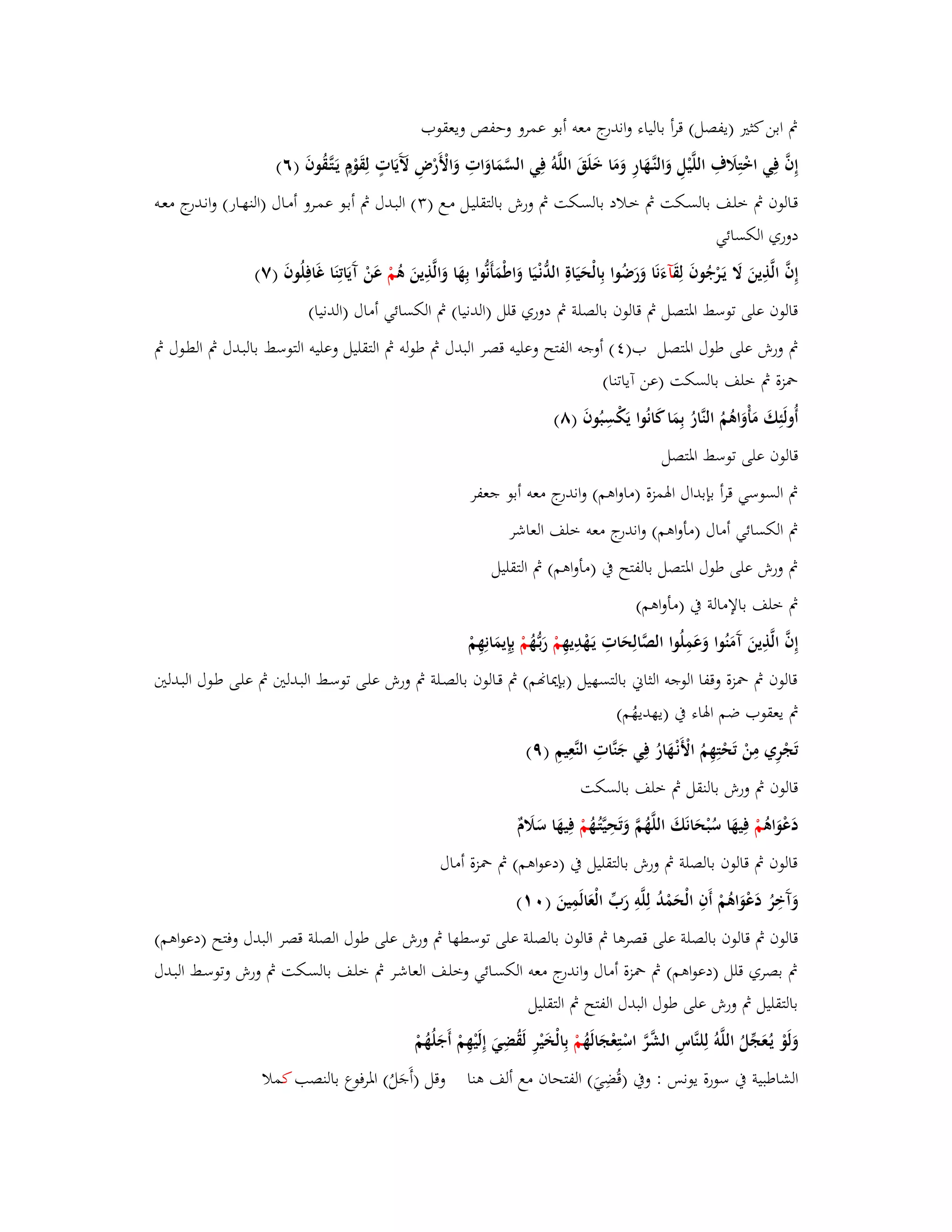 بٍ ابن كثتَ )يفصل( قرأ بالياء واندرج معو أبو عمرو وحفص ويعقوب 
إِفَّ فِي اخْتِلََؼِ اللَّيْلِ وَالنَّػهَارِ وَمَا خَلَقَ اللَّوُ فِي السَّمَاوَاتِ وَالْأَرْضِ لََّيَاتٍ لِقَوْـٍ يَػتَّػقُوفَ )ٙ( 
قػالوف بٍ خلػف بالسػػكت بٍ خػلاد بالسػػكت بٍ ورش بالتقليػل مػػع ) (ٖ البػدؿ بٍ أبػو عمػػرو أمػاؿ )النهػػار( وانػدرج معػػو 
دوري الكسائي 
إِفَّ الَّذِينَ لََ يَػرْجُوفَ لِقَ آءَنَا وَرَضُوا بِالْحَيَاةِ الدُّنْػيَا وَاطْمَأَنُّوا بِهَا وَالَّذِينَ ىُ مْ عَنْ آَيَاتِنَا غَافِلُوفَ )ٚ( 
قالوف على توسط ابؼتصل بٍ قالوف بالصلة بٍ دوري قلل )الدنيا( بٍ الكسائي أماؿ )الدنيا( 
بٍ ورش على طوؿ ابؼتصل ب) (ٗ أوجو الفتح وعليو قصر البدؿ بٍ طولو بٍ التقليل وعليو التوسط بالبػدؿ بٍ الطػوؿ بٍ 
بضزة بٍ خلف بالسكت )عن آياتنا( 
أُولَئِكَ مَأْوَاىُمُ النَّارُ بِمَا كَانُوا يَكْسِبُوفَ )ٛ( 
قالوف على توسط ابؼتصل 
بٍ السوسي قرأ بإبداؿ ابؽمزة )ماواىم( واندرج معو أبو جعفر 
بٍ الكسائي أماؿ )مأواىم( واندرج معو خلف العاشر 
بٍ ورش على طوؿ ابؼتصل بالفتح بُ )مأواىم( بٍ التقليل 
بٍ خلف بالإمالة بُ )مأواىم( 
إِفَّ الَّذِينَ آَمَنُوا وَعَمِلُوا الصَّالِحَاتِ يَػهْدِيهِ مْ رَبػهُُّ مْ بِإِيمَانِهِمْ 
قالوف بٍ بضزة وقفا الوجو الثاني بالتسهيل )بإيدانم( بٍ قػالوف بالصػلة بٍ ورش علػى توسػط البػدلتُ بٍ علػى طػوؿ البػدلتُ 
بٍ يعقوب ضم ابؽاء بُ )يهديهُم( 
تَجْرِي مِنْ تَحْتِهِمُ الْأَنْػهَارُ فِي جَنَّاتِ النَّعِيمِ )ٜ( 
قالوف بٍ ورش بالنقل بٍ خلف بالسكت 
دَعْوَاىُ مْ فِيهَا سُبْحَانَكَ اللَّهُمَّ وَتَحِيَّتُػهُ مْ فِيهَا سَلََـٌ 
قالوف بٍ قالوف بالصلة بٍ ورش بالتقليل بُ )دعواىم( بٍ بضزة أماؿ 
وَآَخِرُ دَعْوَاىُمْ أَفِ الْحَمْدُ لِلَّوِ رَبّْ الْعَالَمِينَ ) (ٓٔ 
قالوف بٍ قالوف بالصلة على قصرىا بٍ قالوف بالصلة على توسطها بٍ ورش على طوؿ الصلة قصر البدؿ وفتح )دعواىم( 
بٍ بصري قلل )دعواىم( بٍ بضزة أماؿ واندرج معو الكسػائي وخلػف العاشػر بٍ خلػف بالسػكت بٍ ورش وتوسػط البػدؿ 
بالتقليل بٍ ورش على طوؿ البدؿ الفتح بٍ التقليل 
وَلَوْ يػعَُجّْلُ اللَّوُ لِلنَّاسِ الشَّ رَّ اسْتِعْجَالَهُ مْ بِالْخَيْرِ لَقُضِيَ إِلَيْهِمْ أَجَلُهُمْ 
الشاطبية بُ سورة يونس : وبُ )قُضِيَ( الفتحاف مع ألف ىنا وقل )أَجَلُ( ابؼرفوع بالنصب كملا 
 