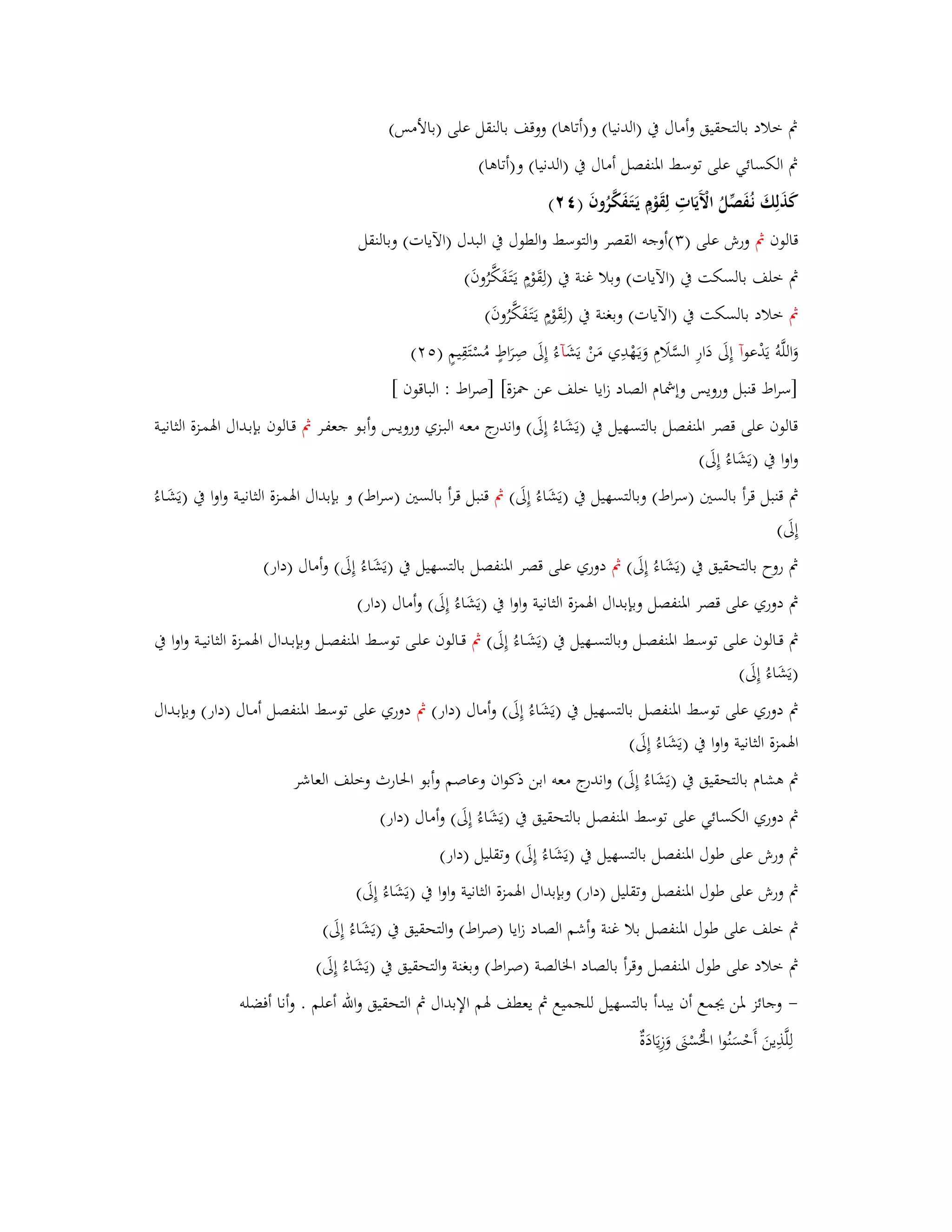 بٍ خلاد بالتحقيق وأماؿ بُ )الدنيا( و)أتاىا( ووقف بالنقل على )بالأمس( 
بٍ الكسائي على توسط ابؼنفصل أماؿ بُ )الدنيا( و)أتاىا( 
كَذَلِكَ نػفَُصّْلُ الَّْيَاتِ لِقَوْـٍ يَػتَػفَكَّرُوفَ ) (ٕٗ 
قالوف بٍ ورش على ) (ٖأوجو القصر والتوسط والطوؿ بُ البدؿ )الآيات( وبالنقل 
بٍ خلف بالسكت بُ )الآيات( وبلا غنة بُ )لِقَوْـٍ يػتََػفَكَّرُوفَ( 
بٍ خلاد بالسكت بُ )الآيات( وبغنة بُ )لِقَوْـٍ يػتََػفَكَّرُوفَ( 
وَاللَّوُ يَدْع وآ إِلَى دَارِ السَّلَاـِ وَيػهَْدِي مَنْ يَشَ آءُ إِلَى صِرَاطٍ مُسْتَقِيمٍ ) (ٕ٘ 
]سراط قنبل ورويس وإشماـ الصاد زايا خلف عن بضزة[ ]صراط : الباقوف [ 
قالوف على قصر ابؼنفصل بالتسهيل بُ )يَشَاءُ إِلَى( واندرج معػو البػزي ورويػس وأبػو جعفػر بٍ قػالوف بإبػداؿ ابؽمػزة الثانيػة 
واوا بُ )يَشَاءُ إِلَى( 
بٍ قنبل قرأ بالستُ )سراط( وبالتسهيل بُ )يَشَاءُ إِلَى( بٍ قنبل قرأ بالستُ )سراط( و بإبداؿ ابؽمػزة الثانيػة واوا بُ )يَشَػاءُ 
إِلَى( 
بٍ روح بالتحقيق بُ )يَشَاءُ إِلَى( بٍ دوري على قصر ابؼنفصل بالتسهيل بُ )يَشَاءُ إِلَى( وأماؿ )دار( 
بٍ دوري على قصر ابؼنفصل وبإبداؿ ابؽمزة الثانية واوا بُ )يَشَاءُ إِلَى( وأماؿ )دار( 
بٍ قػػالوف علػػى توسػػط ابؼنفصػػل وبالتسػػهيل بُ )يَشَػػاءُ إِلَى( بٍ قػػالوف علػػى توسػػط ابؼنفصػػل وبإبػػداؿ ابؽمػػزة الثانيػػة واوا بُ 
)يَشَاءُ إِلَى( 
بٍ دوري على توسط ابؼنفصل بالتسهيل بُ )يَشَاءُ إِلَى( وأماؿ )دار( بٍ دوري على توسط ابؼنفصل أمػاؿ )دار( وبإبػداؿ 
ابؽمزة الثانية واوا بُ )يَشَاءُ إِلَى( 
بٍ ىشاـ بالتحقيق بُ )يَشَاءُ إِلَى( واندرج معو ابن ذكواف وعاصم وأبو ابغارث وخلف العاشر 
بٍ دوري الكسائي على توسط ابؼنفصل بالتحقيق بُ )يَشَاءُ إِلَى( وأماؿ )دار( 
بٍ ورش على طوؿ ابؼنفصل بالتسهيل بُ )يَشَاءُ إِلَى( وتقليل )دار( 
بٍ ورش على طوؿ ابؼنفصل وتقليل )دار( وبإبداؿ ابؽمزة الثانية واوا بُ )يَشَاءُ إِلَى( 
بٍ خلف على طوؿ ابؼنفصل بلا غنة وأشم الصاد زايا )صراط( والتحقيق بُ )يَشَاءُ إِلَى( 
بٍ خلاد على طوؿ ابؼنفصل وقرأ بالصاد ابػالصة )صراط( وبغنة والتحقيق بُ )يَشَاءُ إِلَى( 
- وجائز بؼن امع أف يبدأ بالتسهيل للجميع بٍ يعطف بؽم الإبداؿ بٍ التحقيق والله أعلم . وأنا أفضلو 
لِ لَّذِينَ أَحْسَنُوا ابغُْسْتٌَ وَزِيَادَةٌ 
 