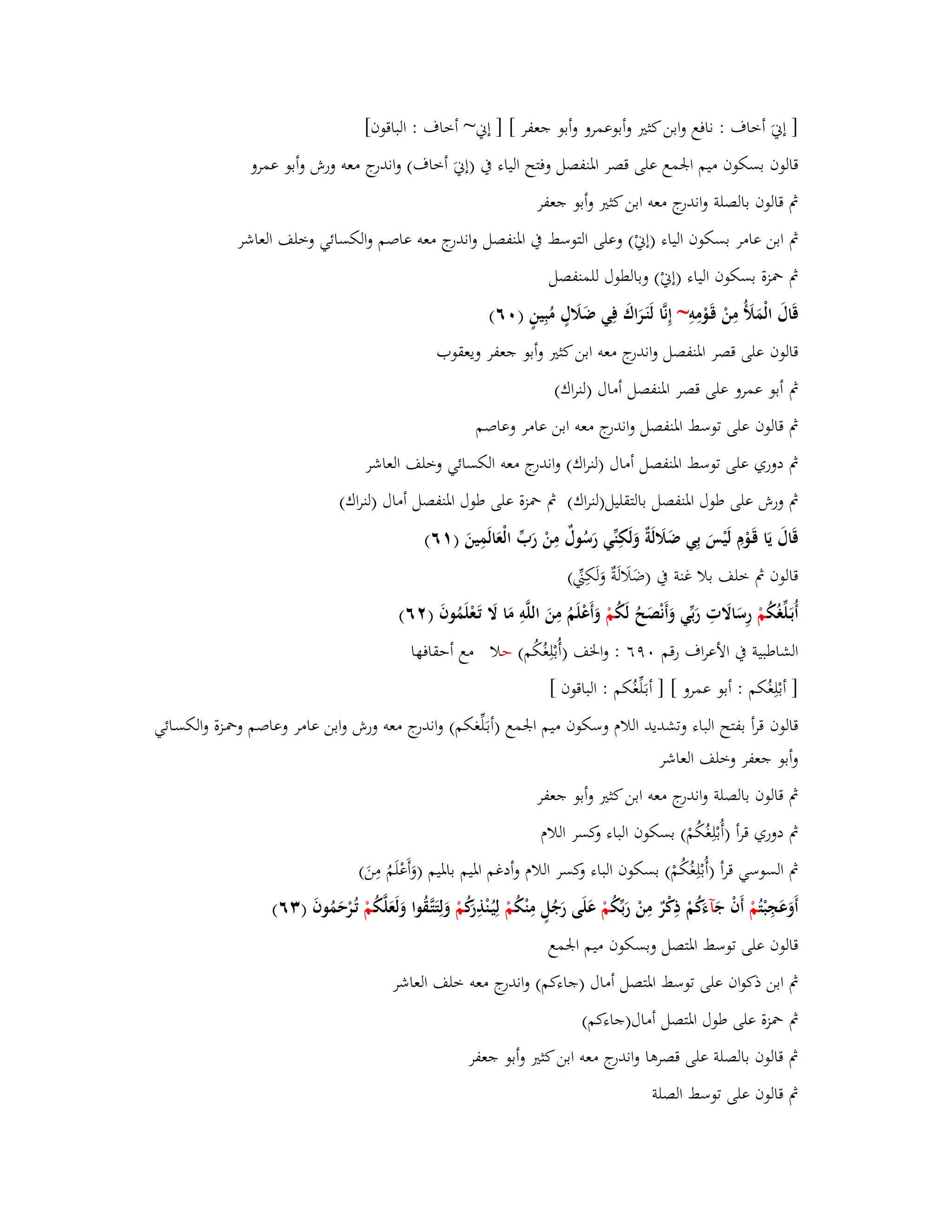 ] إنيَ أخاؼ : نافع وابن كثتَ وأبوعمرو وأبو جعفر [ ] إني~ أخاؼ : الباقوف[ 
قالوف بسكوف ميم ابعمع على قصر ابؼنفصل وفتح الياء بُ )إنيَ أخاؼ( واندرج معو ورش وأبو عمرو 
بٍ قالوف بالصلة واندرج معو ابن كثتَ وأبو جعفر 
بٍ ابن عامر بسكوف الياء )إنيْ( وعلى التوسط بُ ابؼنفصل واندرج معو عاصم والكسائي وخلف العاشر 
بٍ بضزة بسكوف الياء )إنيْ( وبالطوؿ للمنفصل 
قَاؿَ الْمَلَؤُ مِنْ قَػوْمِوِ ~ إِنَّا لَنَػرَاؾَ فِي ضَلََؿٍ مُبِينٍ ) ٙٓ( 
قالوف على قصر ابؼنفصل واندرج معو ابن كثتَ وأبو جعفر ويعقوب 
بٍ أبو عمرو على قصر ابؼنفصل أماؿ )لنراؾ( 
بٍ قالوف على توسط ابؼنفصل واندرج معو ابن عامر وعاصم 
بٍ دوري على توسط ابؼنفصل أماؿ )لنراؾ( واندرج معو الكسائي وخلف العاشر 
بٍ ورش على طوؿ ابؼنفصل بالتقليل)لنراؾ( بٍ بضزة على طوؿ ابؼنفصل أماؿ )لنراؾ( 
قَاؿَ يَا قَػوْـِ لَيْسَ بِي ضَلََلَةٌ وَلَكِنّْي رَسُوؿٌ مِنْ رَبّْ الْعَالَمِينَ ) ٙٔ( 
قالوف بٍ خلف بلا غنة بُ )ضَلَالَةٌ وَلَكِتٍّْ( 
أُبَػلّْغُكُ مْ رِسَالََتِ رَبّْي وَأَنْصَحُ لَكُ مْ وَأَعْلَمُ مِنَ اللَّوِ مَا لََ تَػعْلَمُوفَ ) ٕٙ( 
الشاطبية بُ الأعراؼ رقم ٜٓٙ : وابػف )أُبْلِغُكُم( حلا مع أحقافها 
] أبْلِغُكم : أبو عمرو [ ] أبػلَّْغُكم : الباقوف [ 
قالوف قرأ بفتح الباء وتشديد اللاـ وسكوف ميم ابعمع )أبػلَّْغكم( واندرج معو ورش وابن عامر وعاصم وبضػزة والكسػائي 
وأبو جعفر وخلف العاشر 
بٍ قالوف بالصلة واندرج معو ابن كثتَ وأبو جعفر 
بٍ دوري قرأ )أُبْلِغُكُمْ( بسكوف الباء وكسر اللاـ 
بٍ السوسي قرأ )أُبْلِغُكُ مْ( بسكوف الباء وكسر اللاـ وأدغم ابؼيم بابؼيم )وَأَعْلَمُ مِنَ( 
أَوَعَجِبْ تُمْ أَفْ جَ آءكَُمْ ذِكْرٌ مِنْ رَبّْكُ مْ عَلَى رَجُلٍ مِنْكُ مْ لِيُػنْذِرَكُ مْ وَلِتَتَّػقُوا وَلَعَلَّكُ مْ تُػرْحَمُوفَ ) ٖٙ( 
قالوف على توسط ابؼتصل وبسكوف ميم ابعمع 
بٍ ابن ذكواف على توسط ابؼتصل أماؿ )جاءكم( واندرج معو خلف العاشر 
بٍ بضزة على طوؿ ابؼتصل أماؿ)جاءكم( 
بٍ قالوف بالصلة على قصرىا واندرج معو ابن كثتَ وأبو جعفر 
بٍ قالوف على توسط الصلة 
 