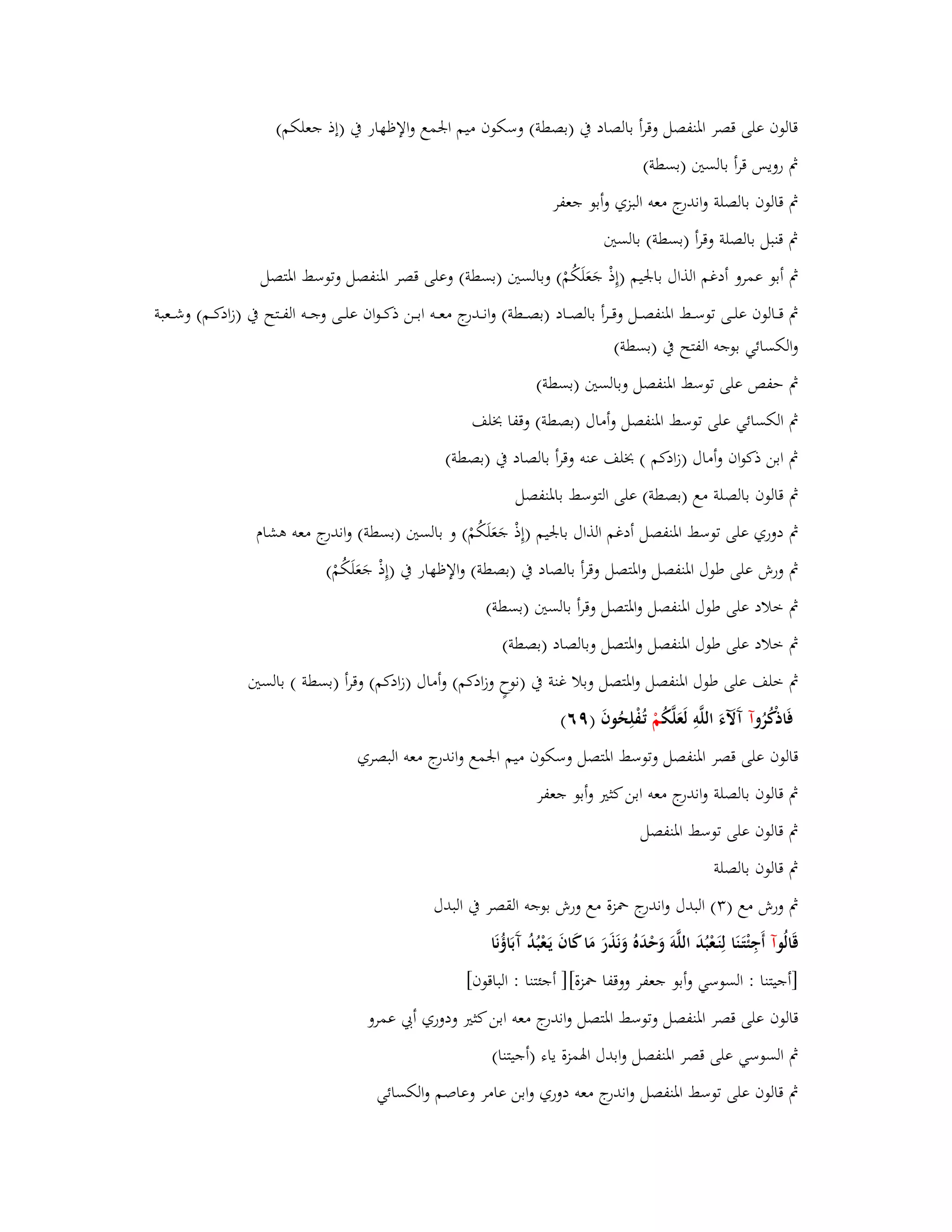 قالوف على قصر ابؼنفصل وقرأ بالصاد بُ )بصطة( وسكوف ميم ابعمع والإظهار بُ )إذ جعلكم( 
بٍ رويس قرأ بالستُ )بسطة( 
بٍ قالوف بالصلة واندرج معو البزي وأبو جعفر 
بٍ قنبل بالصلة وقرأ )بسطة( بالستُ 
بٍ أبو عمرو أدغم الذاؿ بابعيم )إِذْ جَعَلَكُمْ( وبالستُ )بسطة( وعلى قصر ابؼنفصل وتوسط ابؼتصل 
بٍ قػػػالوف علػػػى توسػػػط ابؼنفصػػػل وقػػػرأ بالصػػػاد )بصػػػطة( وانػػػدرج معػػػو ابػػػن ذكػػػواف علػػػى وجػػػو الفػػػتح بُ )زادكػػػم( وشػػػعبة 
والكسائي بوجو الفتح بُ )بسطة( 
بٍ حفص على توسط ابؼنفصل وبالستُ )بسطة( 
بٍ الكسائي على توسط ابؼنفصل وأماؿ )بصطة( وقفا بخلف 
بٍ ابن ذكواف وأماؿ )زادكم ( بخلف عنو وقرأ بالصاد بُ )بصطة( 
بٍ قالوف بالصلة مع )بصطة( على التوسط بابؼنفصل 
بٍ دوري على توسط ابؼنفصل أدغم الذاؿ بابعيم )إِذْ جَعَلَكُمْ( و بالستُ )بسطة( واندرج معو ىشاـ 
بٍ ورش على طوؿ ابؼنفصل وابؼتصل وقرأ بالصاد بُ )بصطة( والإظهار بُ )إِذْ جَعَلَكُمْ( 
بٍ خلاد على طوؿ ابؼنفصل وابؼتصل وقرأ بالستُ )بسطة( 
بٍ خلاد على طوؿ ابؼنفصل وابؼتصل وبالصاد )بصطة( 
بٍ خلف على طوؿ ابؼنفصل وابؼتصل وبلا غنة بُ )نوحٍ وزادكم( وأماؿ )زادكم( وقرأ )بسطة ( بالستُ 
فَاذكُْرُ وآ آَلَّ ءَ اللَّوِ لَعَلَّكُ مْ تُػفْلِحُوفَ )ٜٙ( 
قالوف على قصر ابؼنفصل وتوسط ابؼتصل وسكوف ميم ابعمع واندرج معو البصري 
بٍ قالوف بالصلة واندرج معو ابن كثتَ وأبو جعفر 
بٍ قالوف على توسط ابؼنفصل 
بٍ قالوف بالصلة 
بٍ ورش مع ) (ٖ البدؿ واندرج بضزة مع ورش بوجو القصر بُ البدؿ 
قَالُ وآ أَجِئْتَػنَا لِنَػعْبُدَ اللَّوَ وَحْدَهُ وَنَذَرَ مَا كَافَ يَػعْبُدُ آَبَاؤُنَا 
]أجيتنا : السوسي وأبو جعفر ووقفا بضزة[] أجئتنا : الباقوف[ 
قالوف على قصر ابؼنفصل وتوسط ابؼتصل واندرج معو ابن كثتَ ودوري أبي عمرو 
بٍ السوسي على قصر ابؼنفصل وابدؿ ابؽمزة ياء )أجيتنا( 
بٍ قالوف على توسط ابؼنفصل واندرج معو دوري وابن عامر وعاصم والكسائي 
 