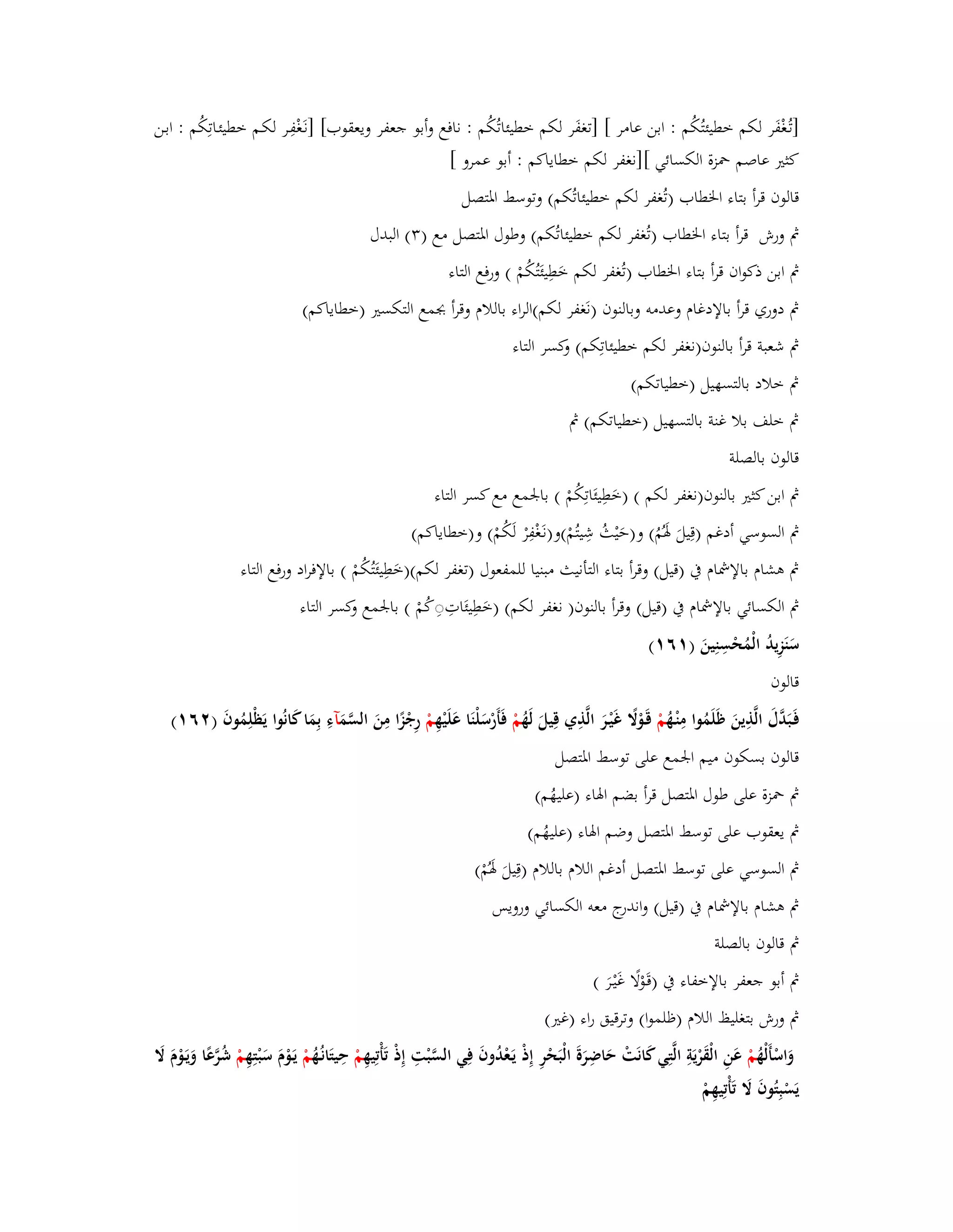 ]ت ػغُْ فَر لكم خطيئتُكُم : ابن عامر [ ]تغفَ ر لكم خطيئاتُكُم : نافع وأبو جعفر ويعقوب[ ]ن ػغَْ فِػر لكػم خطيئػاتِكُم : ابػن 
كثتَ عاصم بضزة الكسائي []نغفر لكم خطاياكم : أبو عمرو [ 
قالوف قرأ بتاء ابػطاب )تُغفر لكم خطيئاتُكم( وتوسط ابؼتصل 
بٍ ورش قرأ بتاء ابػطاب )تُغفر لكم خطيئاتُكم( وطوؿ ابؼتصل مع ) (ٖ البدؿ 
بٍ ابن ذكواف قرأ بتاء ابػطاب )تُغفر لكم خَطِ ي ئَ تُكُمْ ( ورفع التاء 
بٍ دوري قرأ بالإدغاـ وعدمو وبالنوف )نَغفر لكم(الراء باللاـ وقرأ بجمع التكستَ )خطاياكم( 
بٍ شعبة قرأ بالنوف)نغفر لكم خطيئا تِكم( وكسر التاء 
بٍ خلاد بالتسهيل )خطياتكم( 
بٍ خلف بلا غنة بالتسهيل )خطياتكم( بٍ 
قالوف بالصلة 
بٍ ابن كثتَ بالنوف)نغفر لكم ( )خَطِيئَاتِكُمْ ( بابعمع مع كسر التاء 
بٍ السوسي أدغم )قِيلَ بؽَمُُ( و)حَيْثُ شِيتُمْ(و)نػغَْفِرْ لَكُمْ( و)خطاياكم( 
بٍ ىشاـ بالإشماـ بُ )قيل( وقرأ بتاء التأنيث مبنيا للمفعوؿ )تغفر لكم()خَطِي ئَ تُكُمْ ( بالإفراد ورفع التاء 
بٍ الكسائي بالإشماـ بُ )قيل( وقرأ بالنوف) نغفر لكم( )خَطِيئَاتِ كُمْ ( بابعمع وكسر التاء 
سَنَزِيدُ الْمُحْسِنِينَ ) ٙٔ (ٔ 
قالوف 
فَػبَدَّؿَ الَّذِينَ ظَلَمُوا مِنْػهُ مْ قَػوْلًَ غَيْػرَ الَّذِي قِيلَ لَهُ مْ فَأَرْسَلْنَا عَلَيْهِ مْ رِجْزًا مِنَ السَّمَ آءِ بِمَا كَانُوا يَظْلِمُ وفَ ) ٕٙ (ٔ 
قالوف بسكوف ميم ابعمع على توسط ابؼتصل 
بٍ بضزة على طوؿ ابؼتصل قرأ بضم ابؽاء )عليهُم( 
بٍ يعقوب على توسط ابؼتصل وضم ابؽاء )عليهُم( 
بٍ السوسي على توسط ابؼتصل أدغم اللاـ باللاـ )قِيلَ بؽَمُْ( 
بٍ ىشاـ بالإشماـ بُ )قيل( واندرج معو الكسائي ورويس 
بٍ قالوف بالصلة 
بٍ أبو جعفر بالإخفاء بُ )قَػوْلًا غَيْػرَ ( 
بٍ ورش بتغليظ اللاـ )ظلموا( وترقيق راء )غتَ( 
وَاسْأَلْهُ مْ عَنِ الْقَرْيَةِ الَّتِي كَانَتْ حَاضِرَةَ الْبَحْرِ إِذْ يَػعْدُوفَ فِي السَّبْتِ إِذْ تَأْتِيهِ مْ حِيتَانػهُُ مْ يَػوْـَ سَبْتِهِ مْ شُرَّعًا وَيَػوْـَ لََ 
يَسْبِتُوفَ لََ تَأْتِيهِمْ 
 