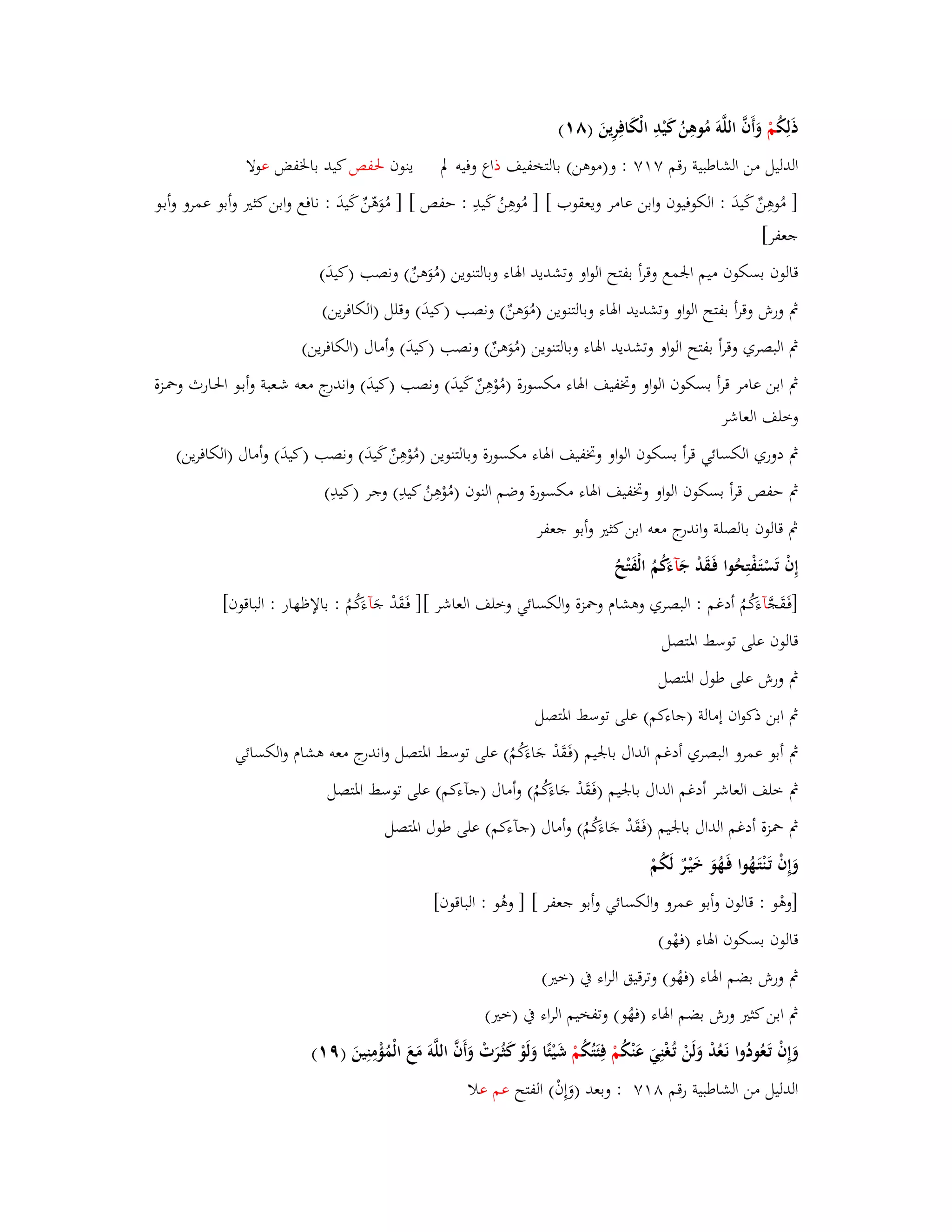 ذَلِكُ مْ وَأَفَّ اللَّوَ مُوىِنُ كَيْدِ الْكَافِرِينَ )ٛ (ٔ 
الدليل من الشاطبية رقم ٚ ٚٔ : و)موىن( بالتخفيف ذاع وفيو لَ ينوف بغفص كيد بابػفض عولا 
] مُوىِنٌ كَيدَ : الكوفيوف وابن عامر ويعقوب [ ] مُوىِنُ كَيدِ : حفص [ ] مُوَىّنٌ كَيدَ : نافع وابن كثتَ وأبو عمرو وأبػو 
جعفر[ 
قالوف بسكوف ميم ابعمع وقرأ بفتح الواو وتشديد ابؽاء وبالتنوين )مُوَىنٌ( ونصب )كيدَ( 
بٍ ورش وقرأ بفتح الواو وتشديد ابؽاء وبالتنوين )مُوَىنٌ( ونصب )كيدَ( وقلل )الكافرين( 
بٍ البصري وقرأ بفتح الواو وتشديد ابؽاء وبالتنوين )مُوَىنٌ( ونصب )كيدَ( أ وماؿ )الكافرين( 
بٍ ابن عامر قرأ بسكوف الواو وبزفيف ابؽاء مكسورة )مُ وْىِنٌ كَيدَ( ونصب )كيدَ( واندرج معو شػعبة أ وبػو ابغػارث وبضػزة 
وخلف العاشر 
بٍ دوري الكسائي قرأ بسكوف الواو وبزفيف ابؽاء مكسورة وبالتنوين )مُوْىِنٌ كَيدَ( ونصب )كيدَ( وأماؿ )الكافرين( 
بٍ حفص قرأ بسكوف الواو وبزفيف ابؽاء مكسورة وضم النوف )مُوْىِنُ كيدِ( وجر )كيدِ( 
بٍ قالوف بالصلة واندرج معو ابن كثتَ وأبو جعفر 
إِفْ تَسْتَػفْتِحُوا فَػقَدْ جَ آءكَُمُ الْفَتْحُ 
]فَػقَجَّ آءكَُمُ أدغم : البصري وىشاـ وبضزة والكسائي وخلف العاشر [] فَػقَدْ جَ آءكَُمُ : بالإظهار : الباقوف[ 
قالوف على توسط ابؼتصل 
بٍ ورش على طوؿ ابؼتصل 
بٍ ابن ذكواف إمالة )جاءكم( على توسط ابؼتصل 
بٍ أبو عمرو البصري أدغم الداؿ بابعيم )فَػقَدْ جَاءكَُمُ( على توسط ابؼتصل واندرج معو ىشاـ والكسائي 
بٍ خلف العاشر أدغم الداؿ بابعيم )فَػقَدْ جَاءكَُمُ( وأماؿ )جآءكم( على توسط ابؼتصل 
بٍ بضزة أدغم الداؿ بابعيم )فَػقَدْ جَاءكَُمُ( وأماؿ )جآءكم( على طوؿ ابؼتصل 
وَإِفْ تَػنْتَػهُوا فَػهُوَ خَيْػرٌ لَكُمْ 
]وىْو : قالوف وأبو عمرو والكسائي وأبو جعفر [ ] وىُو : الباقوف[ 
قالوف بسكوف ابؽاء )فهْو( 
بٍ ورش بضم ابؽاء )فهُو( وترقيق الراء بُ )ختَ( 
بٍ ابن كثتَ ورش بضم ابؽاء )فهُو( وتفخيم ال راء بُ )ختَ( 
وَإِفْ تَػعُودُوا نَػعُدْ وَلَنْ تُػغْنِيَ عَنْكُ مْ فِئَتُكُ مْ شَيْئًا وَلَوْ كَثُػرَتْ وَأَفَّ اللَّوَ مَعَ الْمُؤْمِنِينَ )ٜ (ٔ 
الدليل من الشاطبية رقم ٛ ٚٔ : وبعد )وَإِفْ( الفتح عم علا 
 